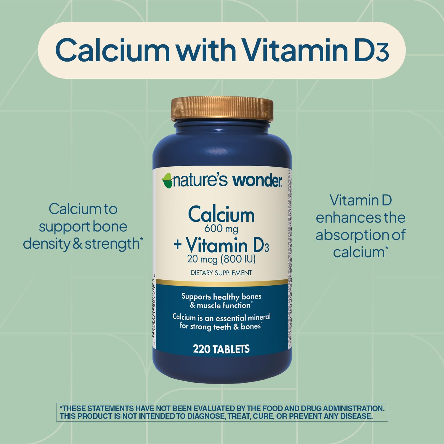Nature's Wonder Calcium 600mg + Vitamin D3 20mcg, Bone Health, 220 Tablets — Amazon image 3
