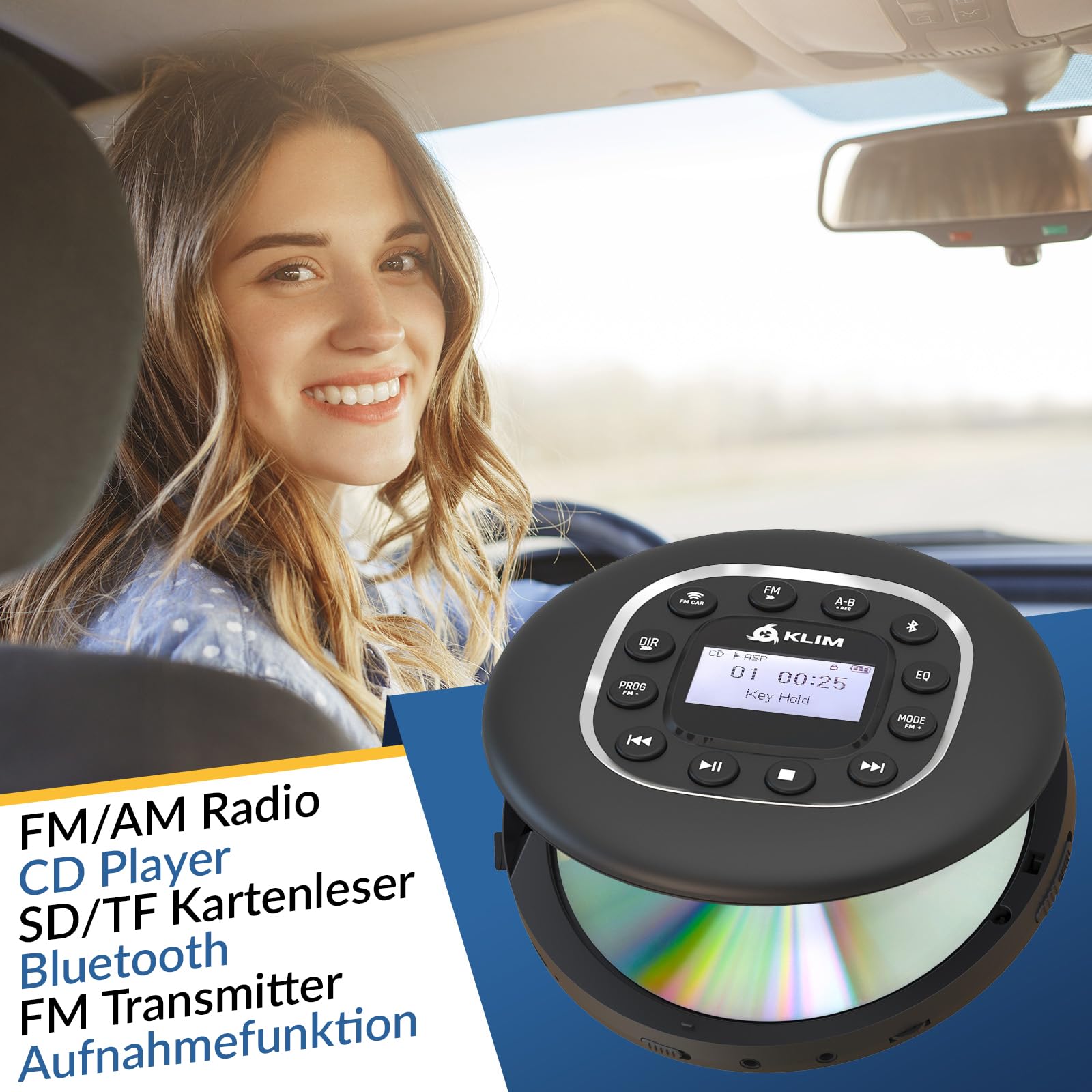 Journey Tragbarer CD-Player mit Radio FM und Bluetooth | Mit Anti-Schock-Chip SD-Kartenleser und wiederaufladbarem Akku fürs Auto, Schwarz