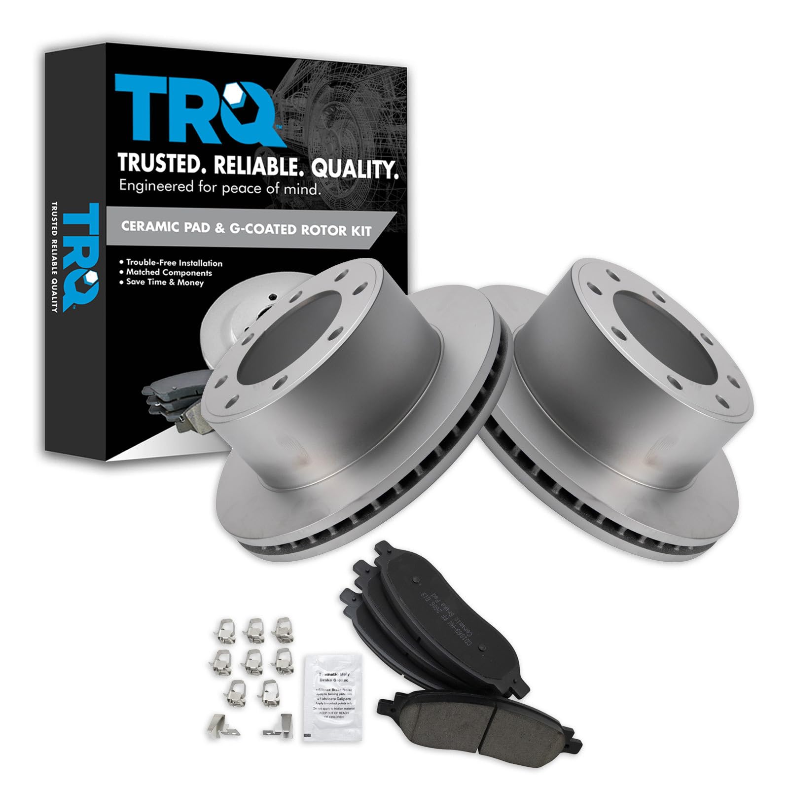 TRQ Rear Brake Pad and Rotor Set Ceramic G Coated Solid Rotors Compatible with 2005-2007 Ford F-250 Super Duty F-350 Super Duty