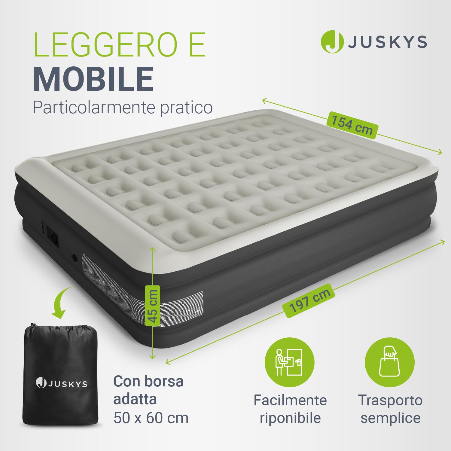 Juskys materasso gonfiabile Sapri L, colore antracite - Letto matrimoniale ad aria automatico e autogonfiante - Come letto per ospiti o per campeggio - Pompa integrata