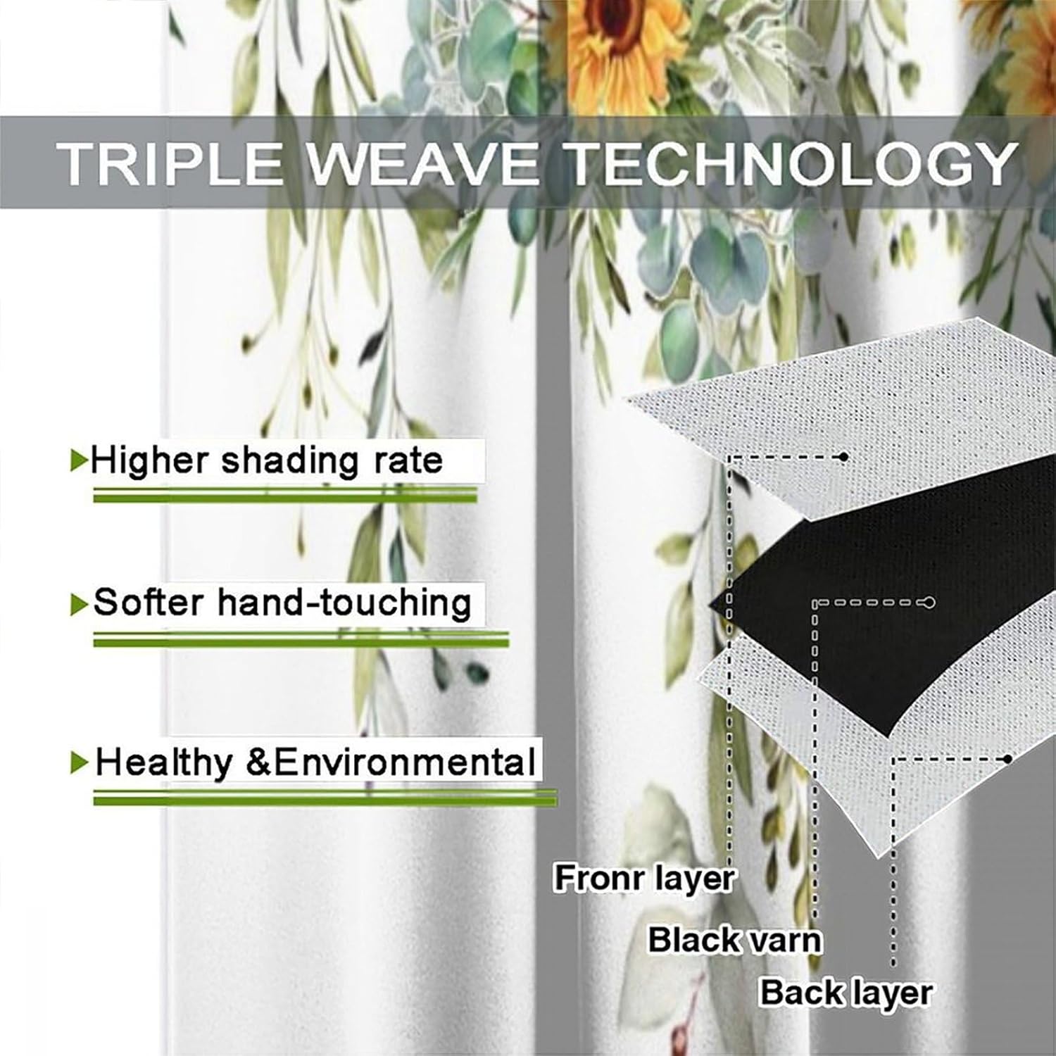 Sunflower Vine Blackout Curtains Spring Summer Plant Flower Green Yellow White Illustration Window Treatments for Kids Boys Girls Bedroom Living Dining Room Kitchen 42" W X 45" L