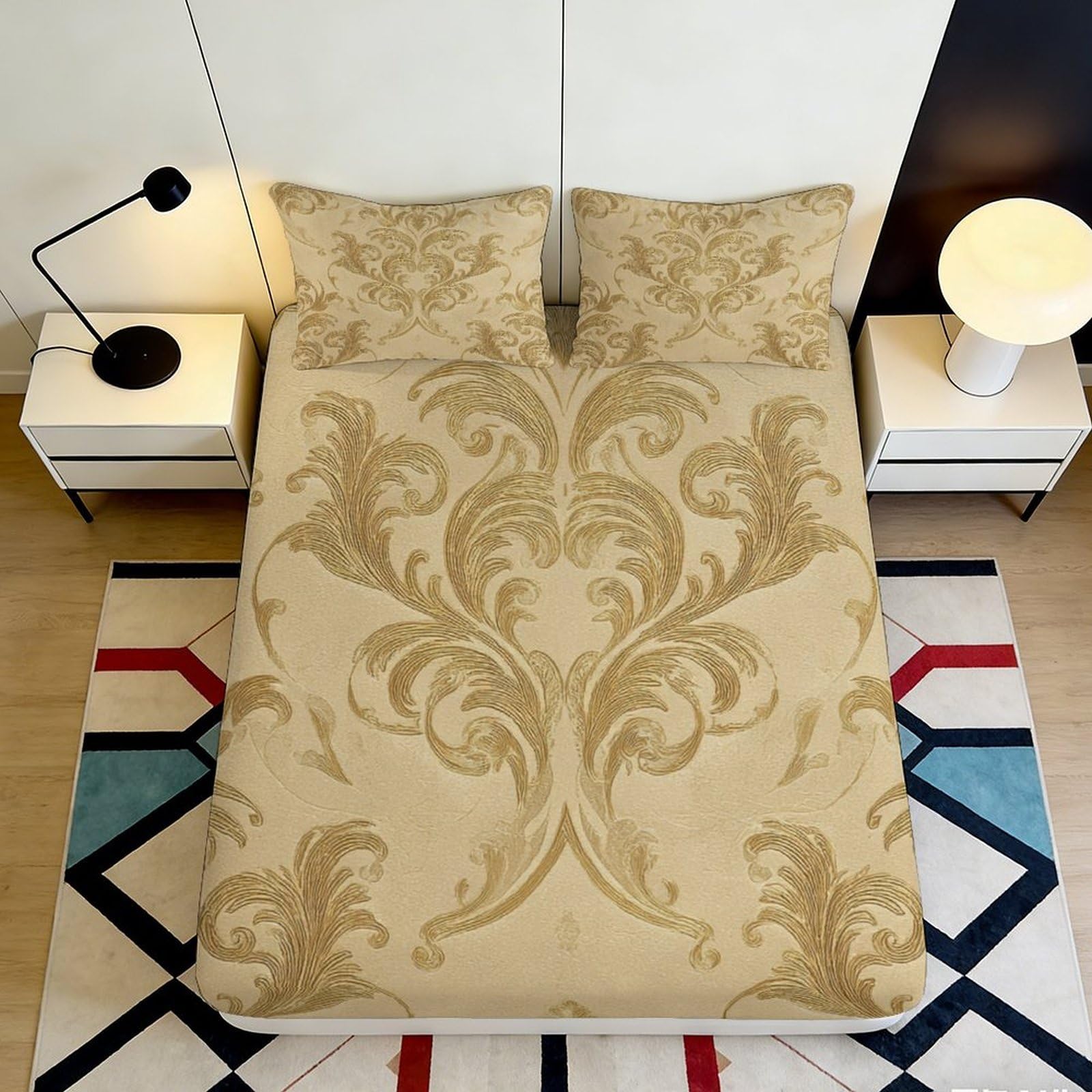 3D Printed Baroque Leaf Fitted Sheet Microfiber Soft Beige Ornate Swirl Mattress Cover for Bedroom Dorm Decor 120x200x25cm