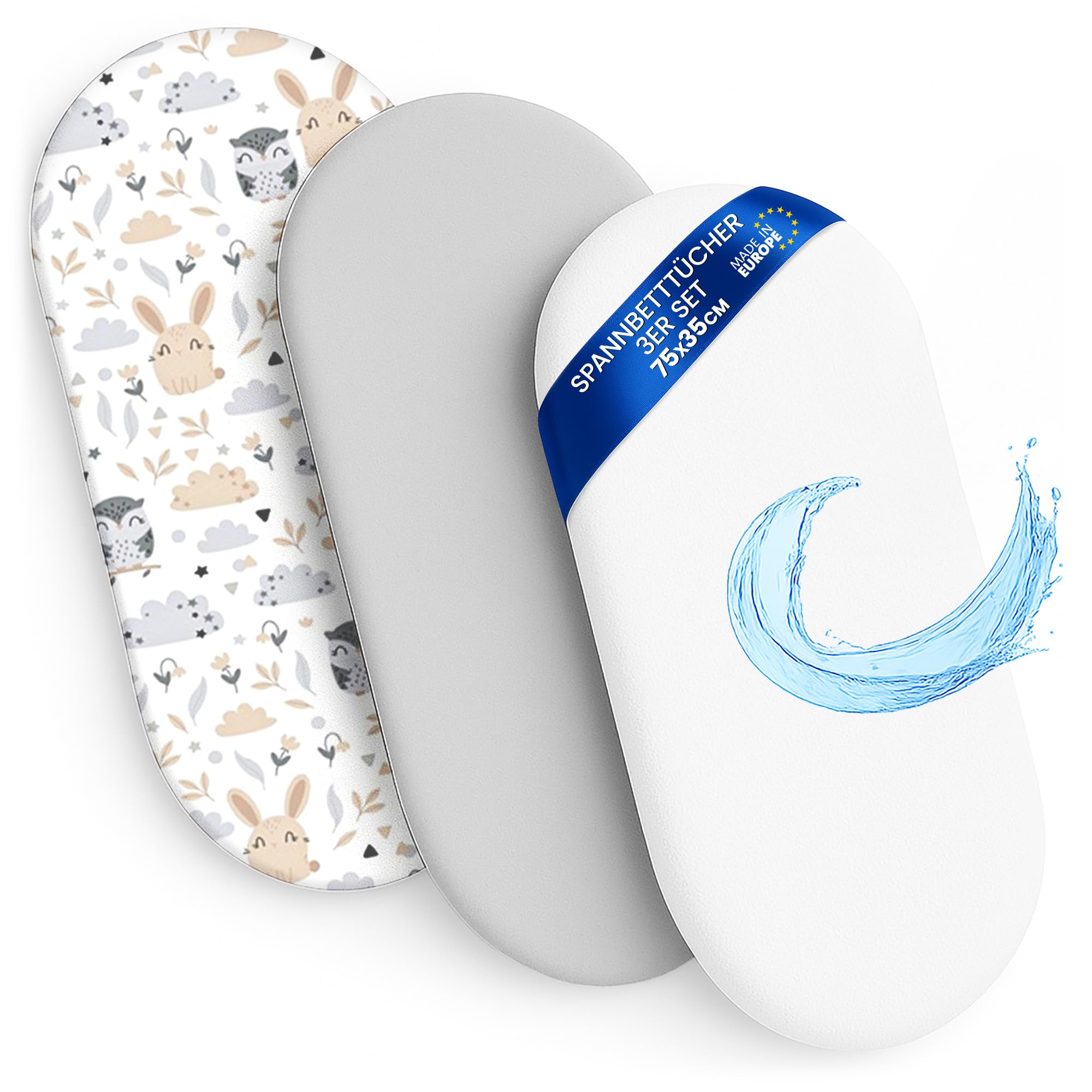 Lenzuola con angoli per passeggino Set di 3: 35x75 cm - 2 lenzuola + 1 coprimaterasso impermeabile - Accessori per lettino per culla co-sleeping carrozzina 35 x 73