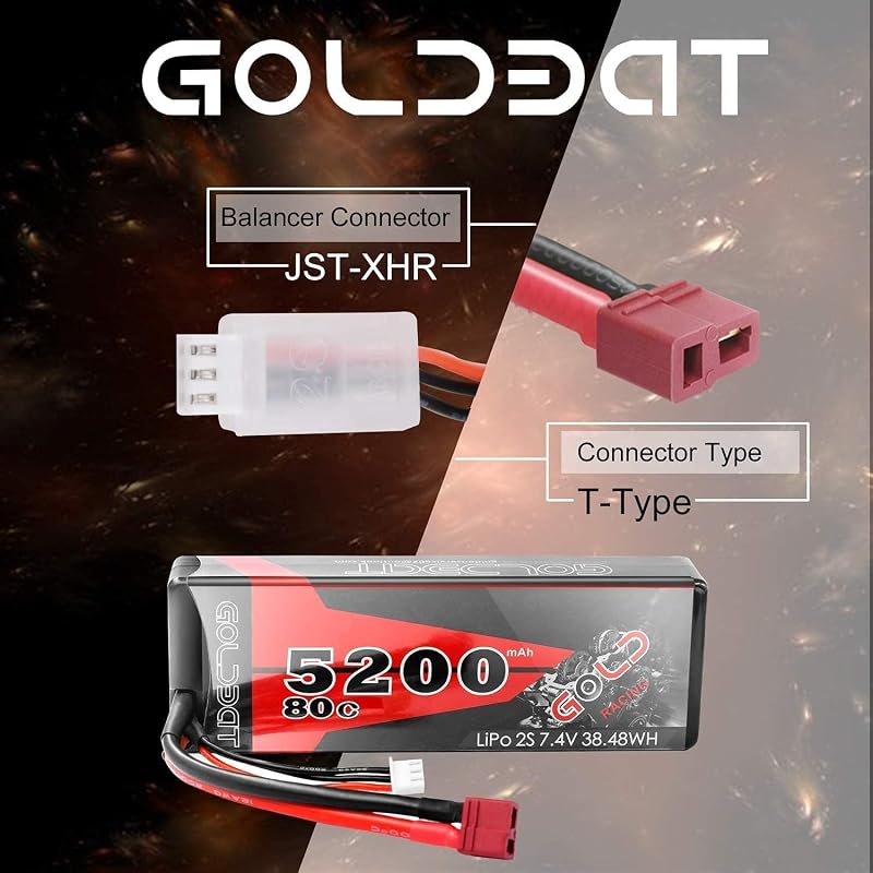 GOLDBAT 5200 mAh 7.4V 2S 80C LiPo akkumulátor RC járművekhez, Deans csatlakozóval - RC autó, hajó, drón, helikopter modellekhez