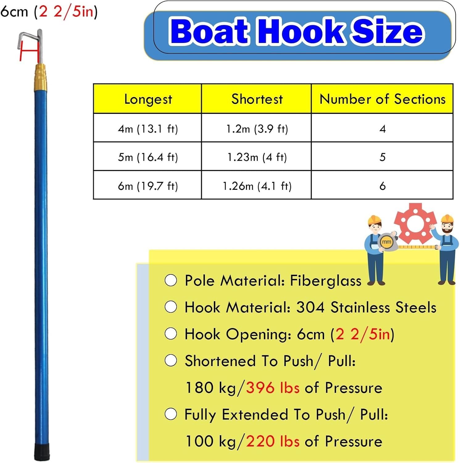 Generisch Teleskop-Bootshaken – Robuste Fiberglas-Stegstange zum Schieben, Ziehen und für Rettungseinsätze – Unverzichtbares Bootszubehör (5 Stück, 400 cm (13 Fuß))