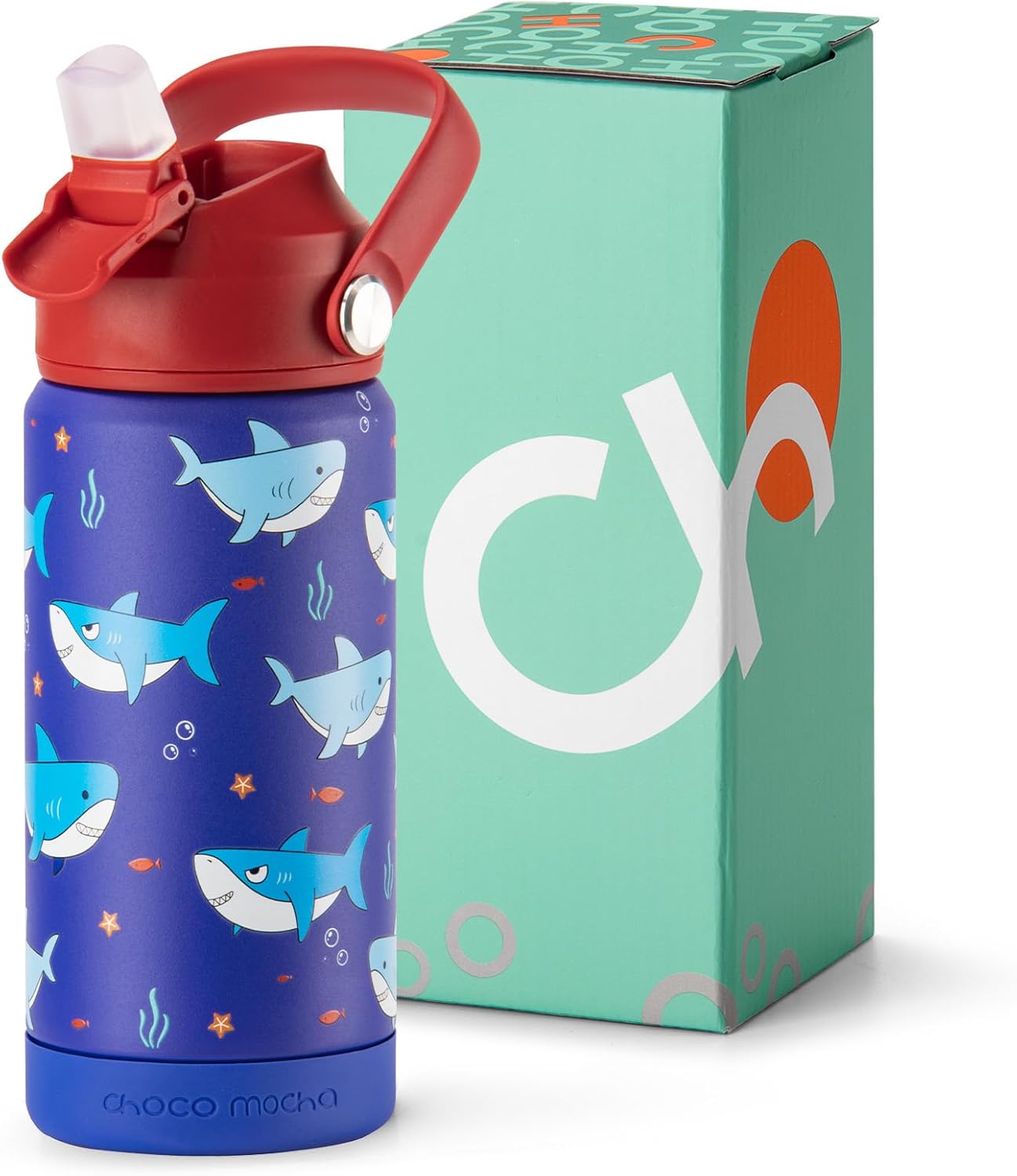 Choco Mocha Kids Water Bottle For School, Kids Insulated Water Bottle Stainless Steel for Boys, 14Oz Blue & Red Shark