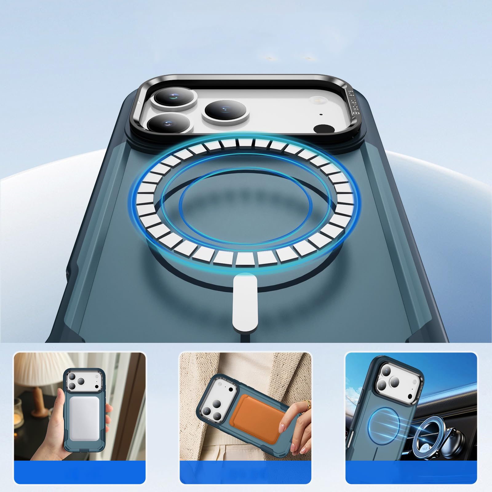 Magnetisch Hülle für iPhone 17 Pro Max/17 Pro/17 Air/17, Dünne Gefrostet rutschfeste Schutzhülle mit Metall Objektiv Ständer Handyhülle,Schwarz,17