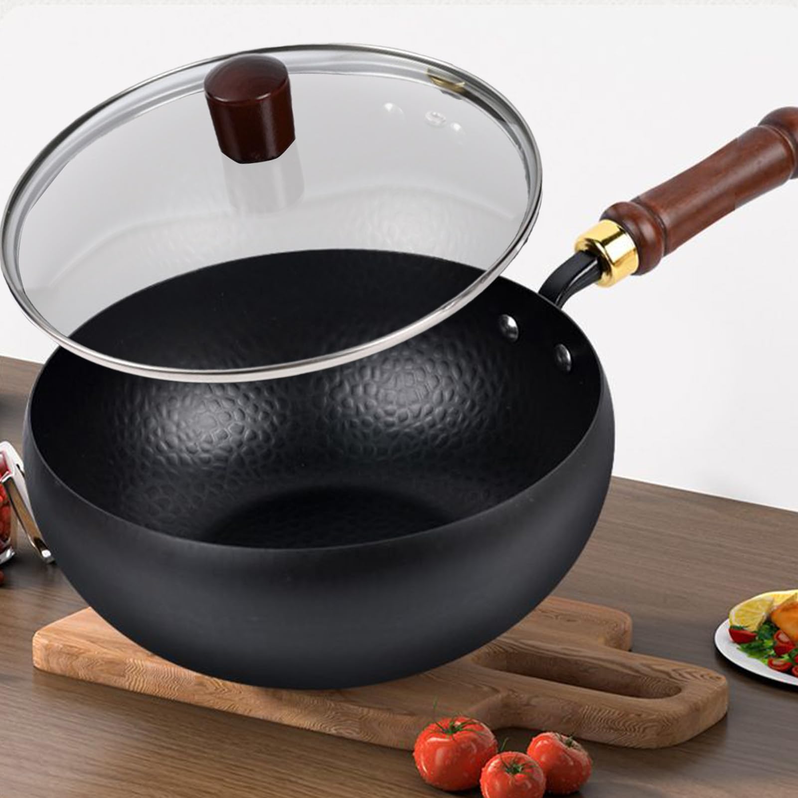 Padella in ferro giapponese, 24 cm, wok cinese in ferro con coperchio e manico in legno, padella antiaderente non rivestita per casa, esterni, ristorante, campeggio