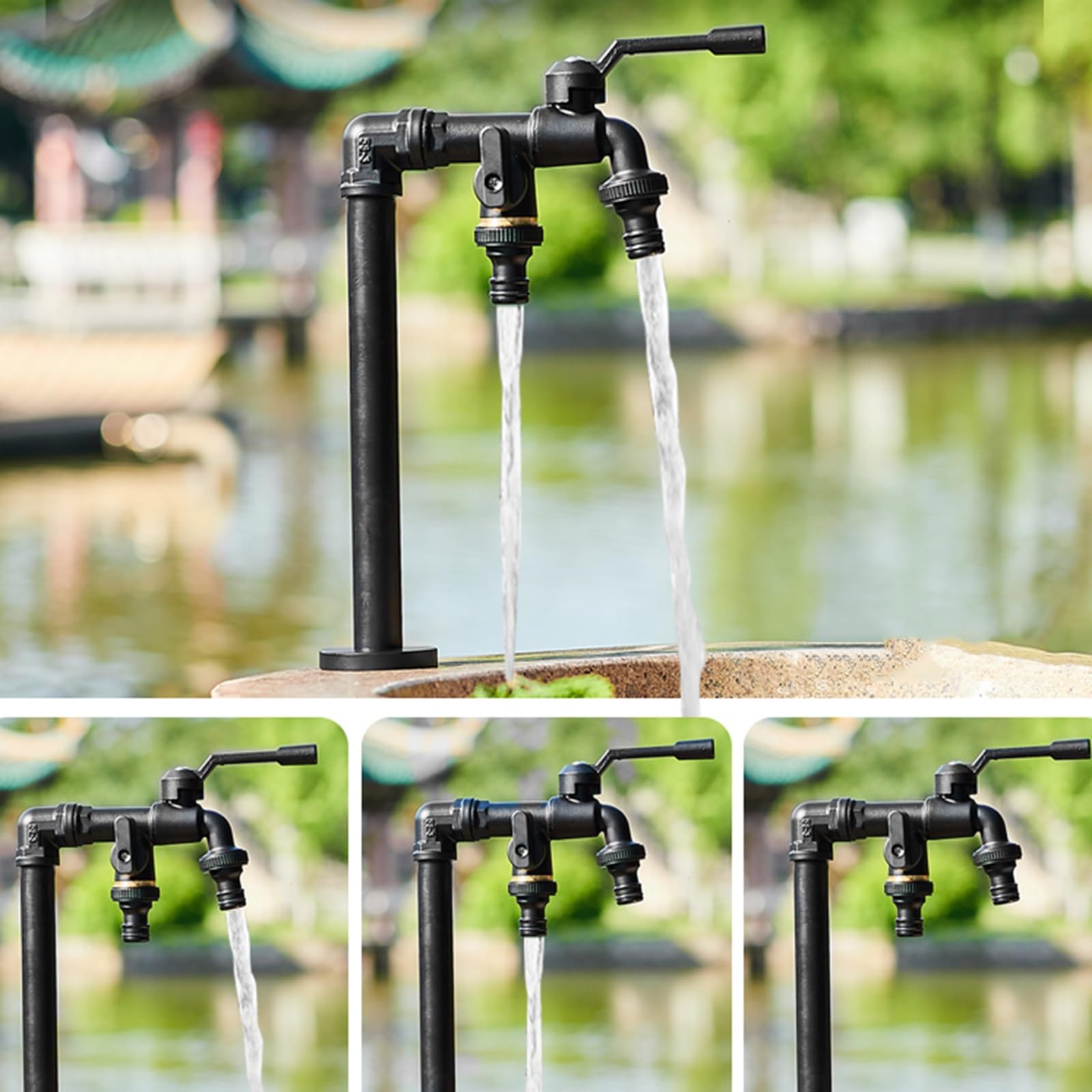 Columna de Agua de Jardín de Cobre con Doble Salida, Grifo Vertical Exterior Resistente al Frío y A Las Heladas, Fuente Jardin Exterior(Black,32CM/13IN)