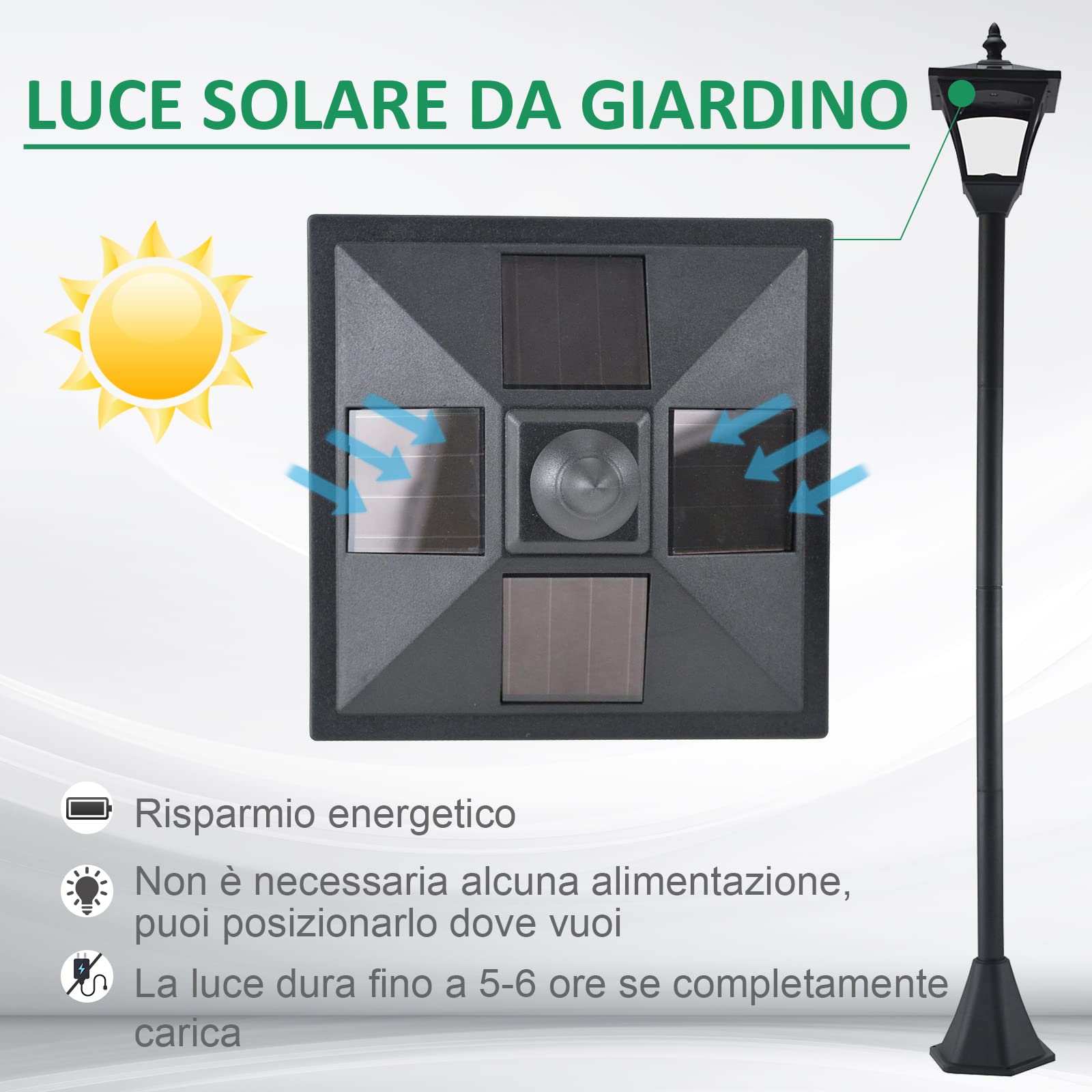 Outsunny Set 2 Lampioncini Solari da Esterno, Lampade da Giardino a Energia Solare Impermeabili IP44, 15x15x120 cm, Nero