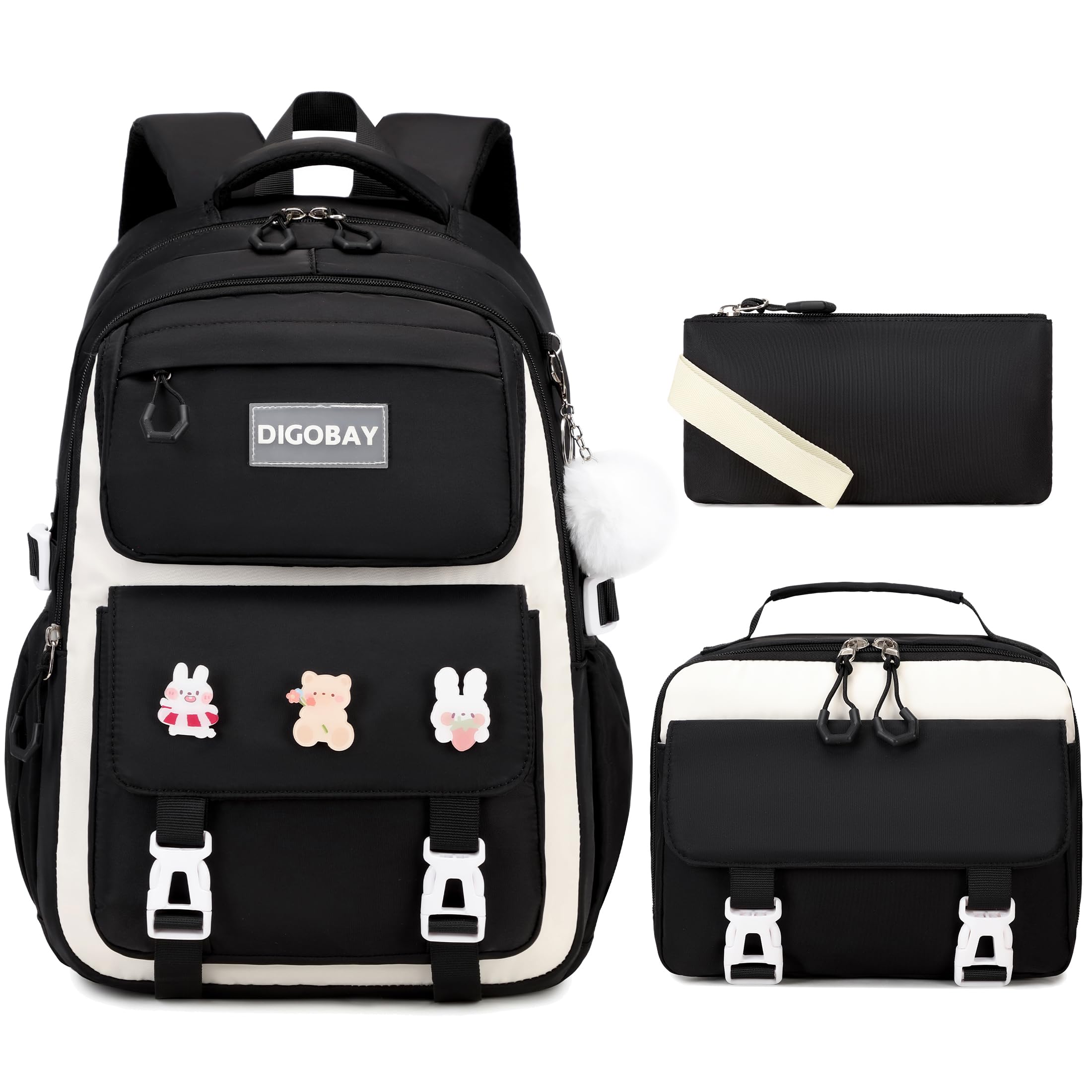 DIGOBAY 3PCS Girls Backpack for School, Large Kids Backpack for Girls with Lunch Box Pencil Case Set for Teen Girl Elementary Primary Middle High