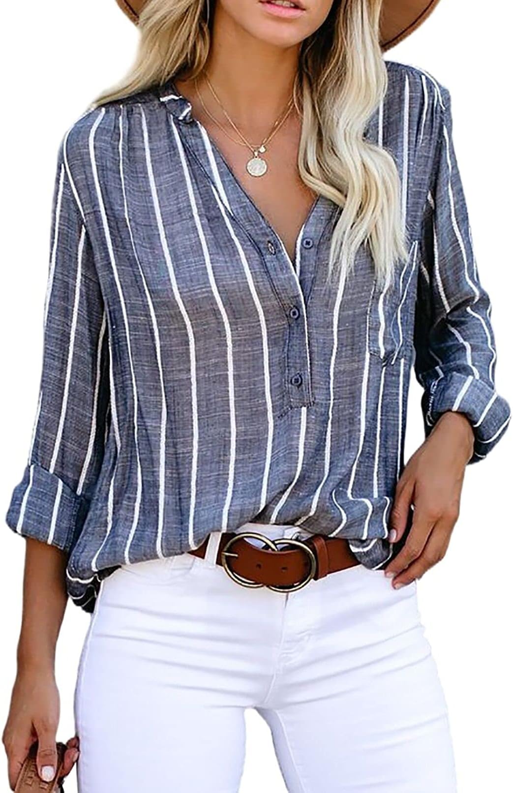 Women V Neck Striped Roll up Sleeve Button Down Blouse Tops
