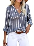 Women V Neck Striped Roll up Sleeve Button Down Blouse Tops