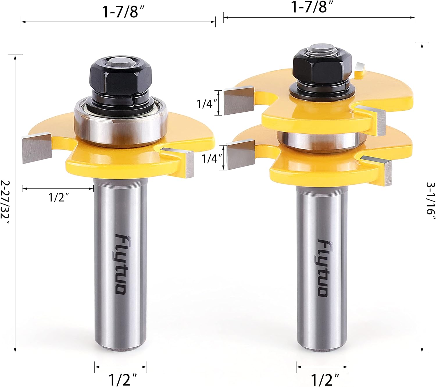 Flytuo 2PCS Tongue and Groove Router Bit Set 1/2 Shank, 3 Teeth Adjustable T Shape Wood Milling Cutter for Doors Drawers - Image 3