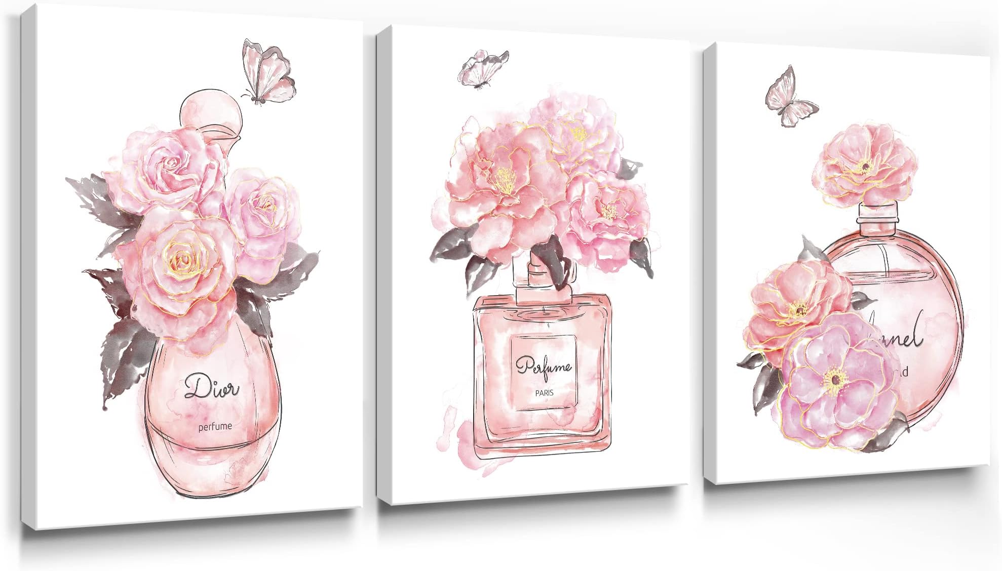 SUMGAR Pink Wall Art Girls Bedroom Wall Decor Fashion Perfume Flower Butterfly Pictures Blush and Grey Framed Canvas Paintings for Living Room Bathroom,Valentines Day Gifts 12x16 inch，3 Piece