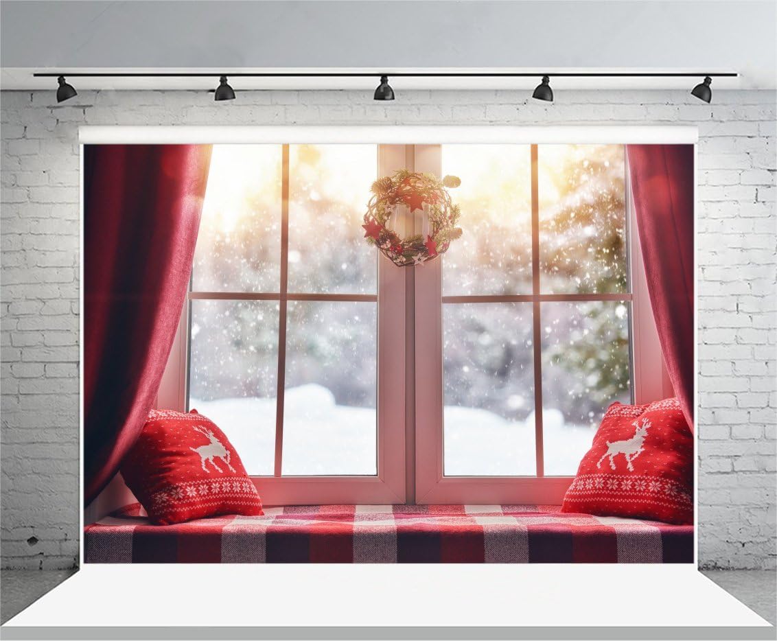 Blасk Frіdау Sаlе 2022 Laeacco 10x6.5ft Vinyl Backdrop Merry Christmas Photography Background Window View Winter Snowscape Happy Holidays Decorated House Red Pillow Sill Curtain Garland Party Greeting Photo Studio Props