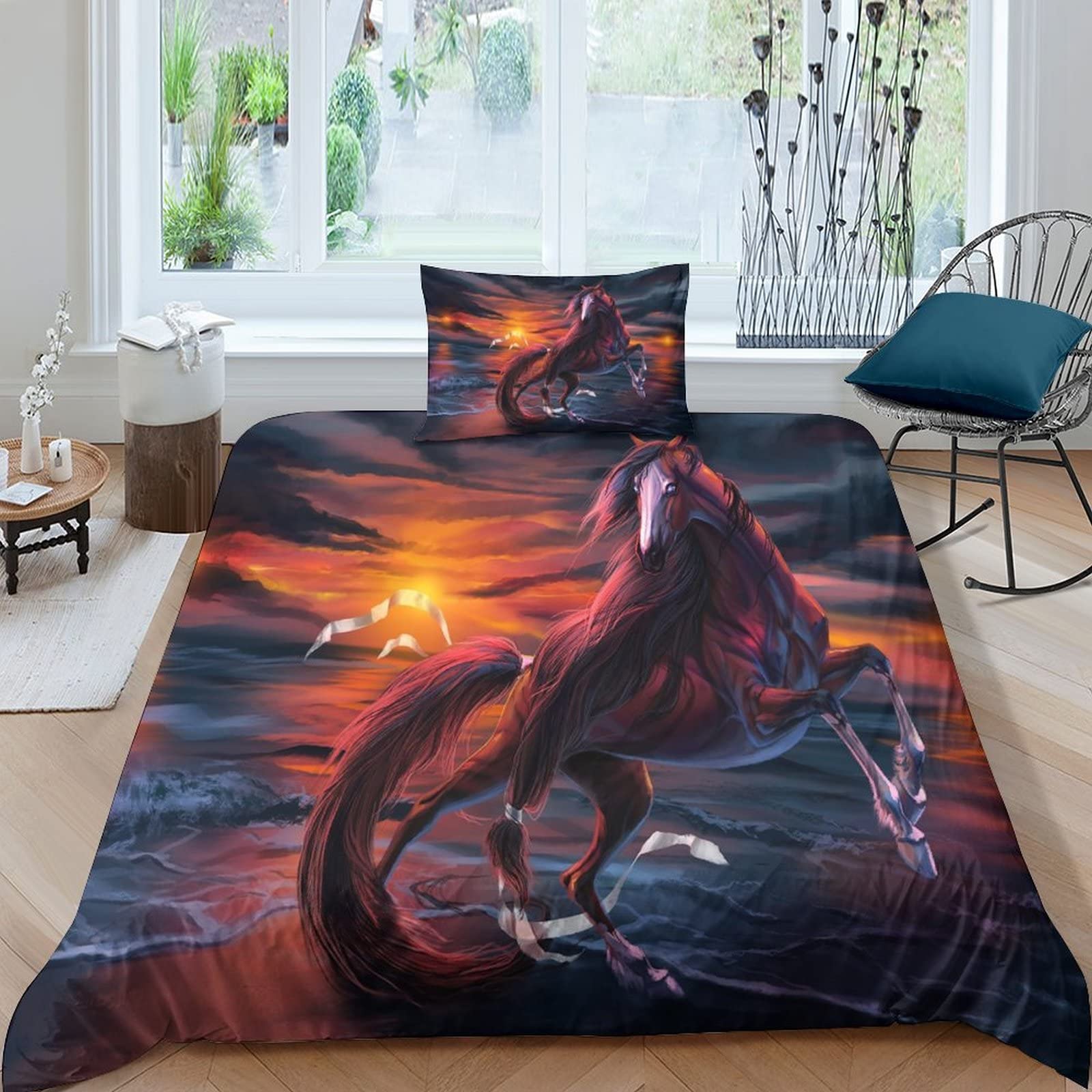 Horse Bedding Set 3D Duvet Cover Set Soft Microfiber Quilt Cover with Pillowcases, Comforter Cover 3 Piece Set Single（135x200cm）
