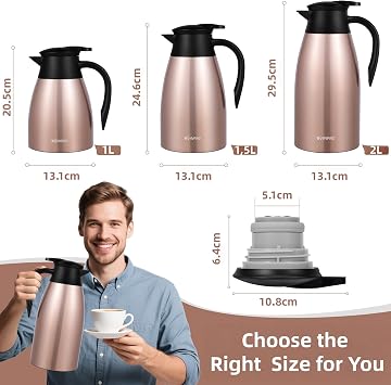 1.5L Thermal Jug, Stainless Steel Insulated Coffee Carafe, Copper