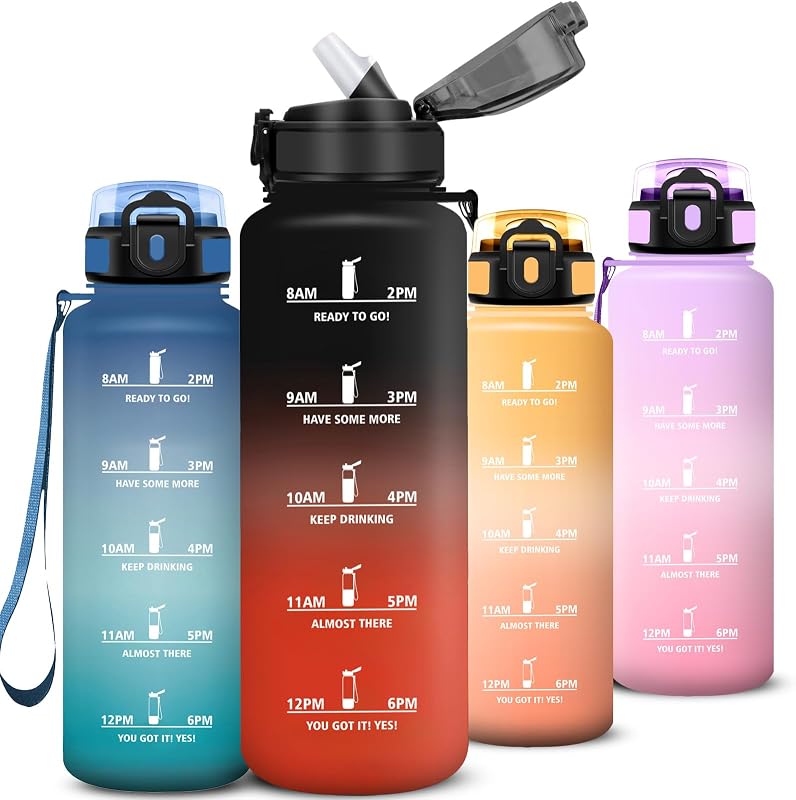 Gourde 1,5l, Anti Fuite Gourde Sport, Gourdes Graduée pour 1 Journee avec Marqueur de Temps, Verrou de Sécurité, Bouteille Motivation avec Paille pour Plein Air, Velo, Cyclisme, Extérieur,