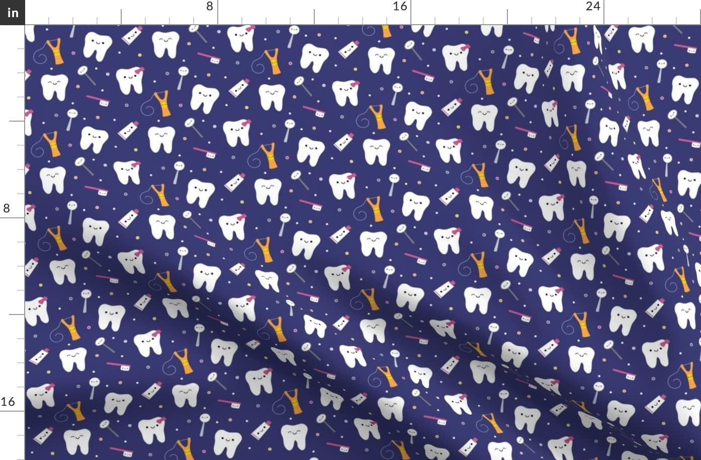 Spoonflower Fabric - Happy Teeth Royal Blue Dental Dentistry Tooth Dentist Toothpaste Floss Printed on Organic Cotton Sateen Fabric by The Yard - Sewing Quilting Apparel Home Decor