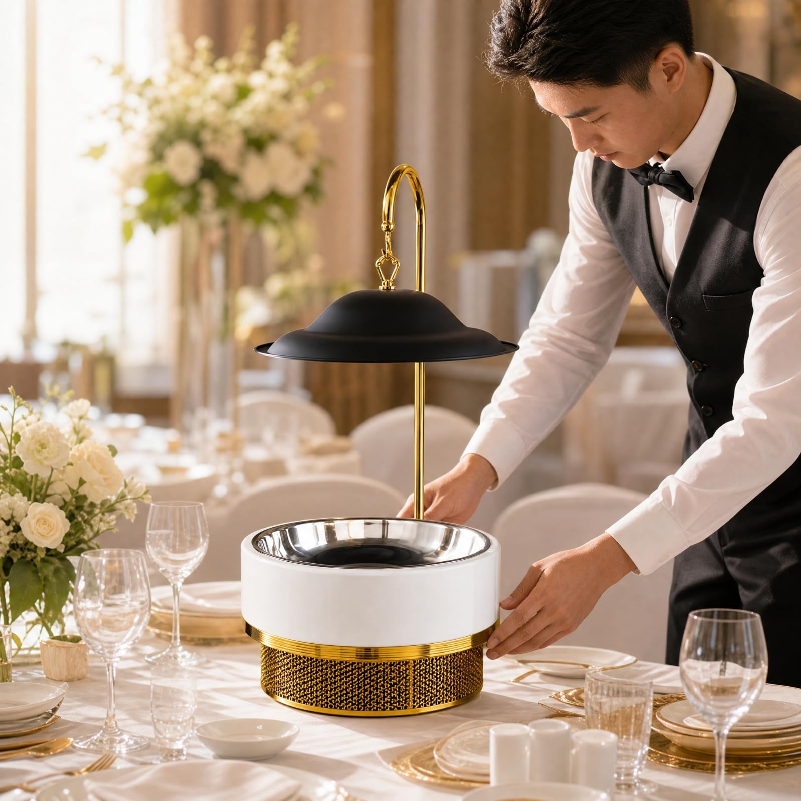 Chafing Dish Colgante Redondo 8 L Profesional Plato Caliente Colgante con Tapa Organizador Calientaplatos para Reuniones Caterizados, Oro
