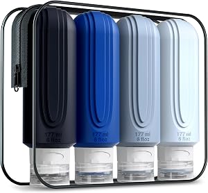 Mrsdry Travel Bottles for Toiletries, Large 6oz Oversize Containers, BPA Free Leak Proof Tubs Refillable Liquid Traveler Accessories with Toiletry Bag for Cometic Shampoo and Lotion Soap (4 Pack)