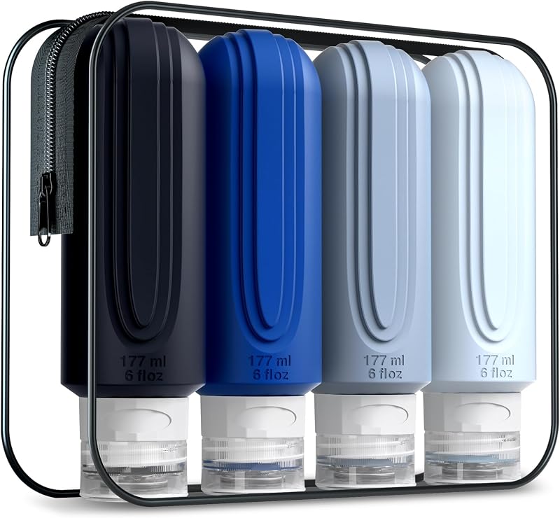 Mrsdry Frascos de Silicone Recarregáveis para Viagem Azul-6oz com Necessaire, Pacote com 4