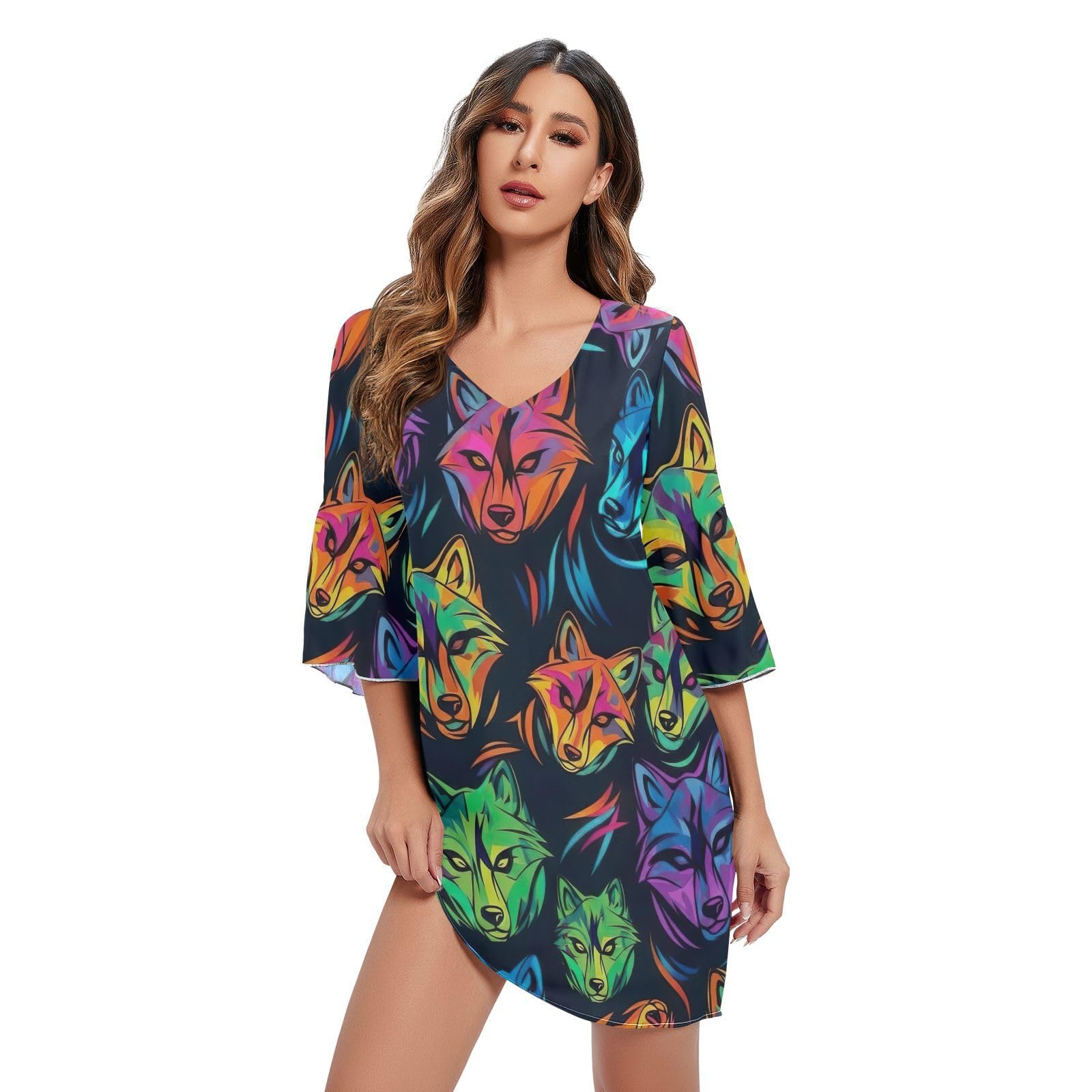 Robe courte loup abstrait néon coupe hawaïenne tendance été