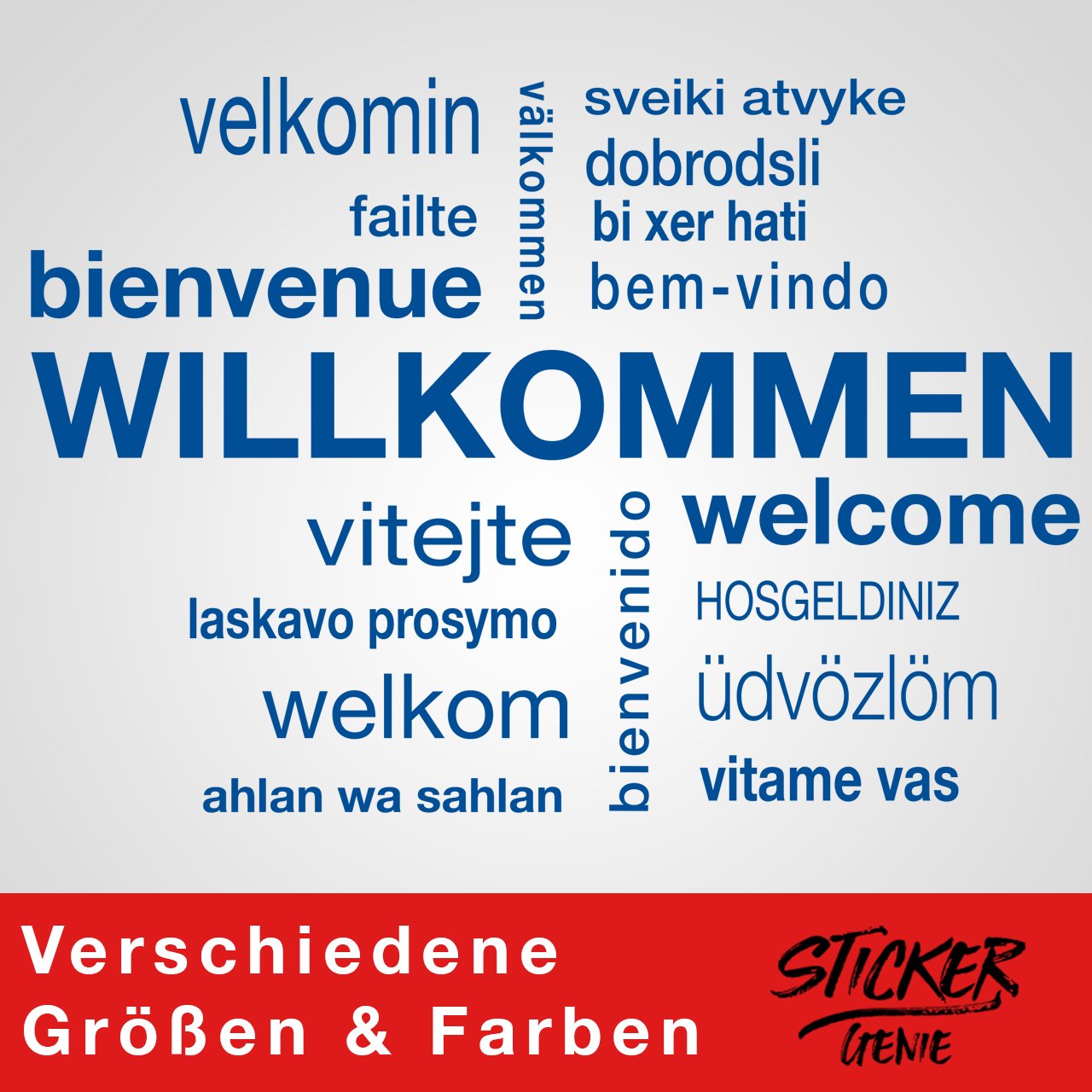 HERZLICH WILLKOMMEN Wandtattoo Sticker Aufkleber Wandaufkleber wiederablösbar (120cm (B) x 84cm (H), Blau)