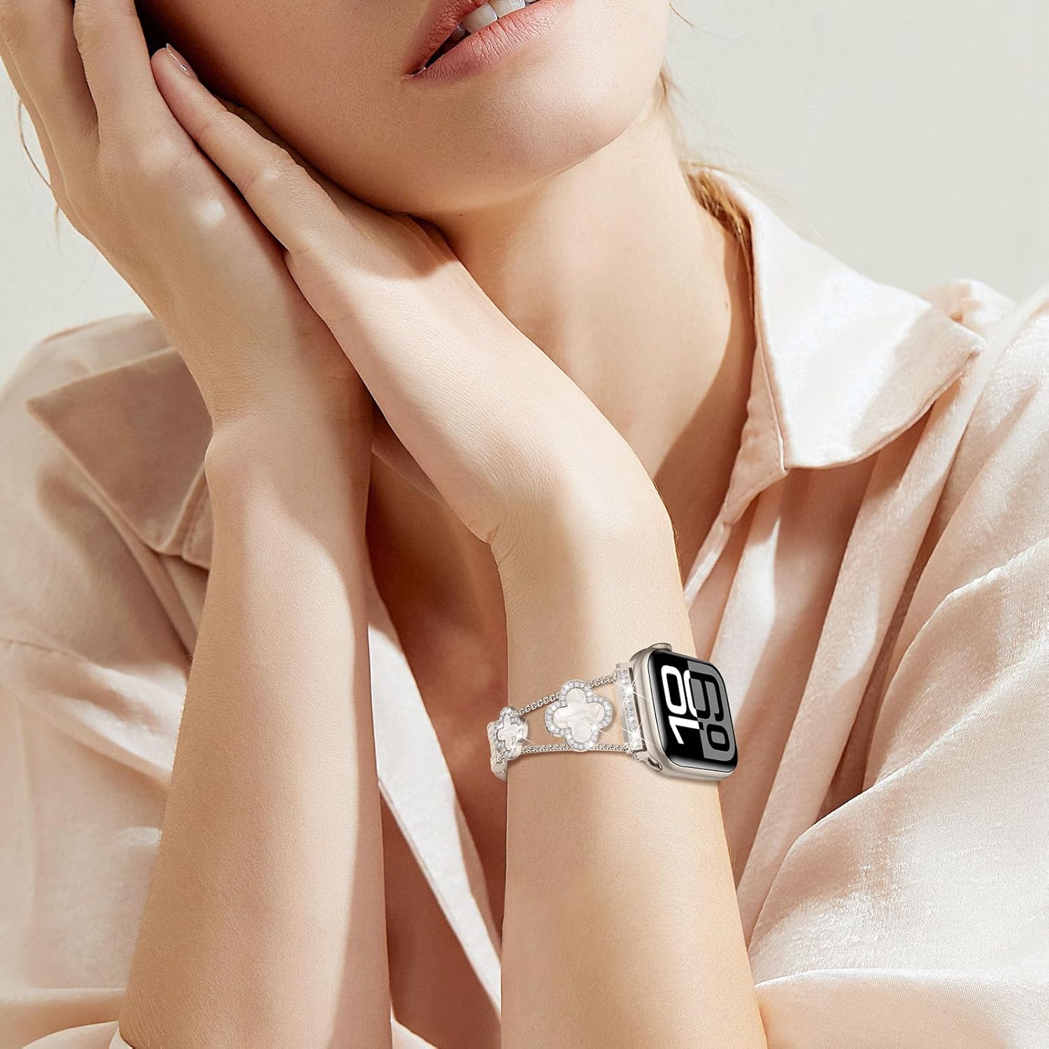 Bands Compatible with Apple Watch Band for Women 38mm 40mm 41mm 42mm 44mm 45mm 46mm 49mm, Bling Bracelet Designer Dressy Clover for iWatch Band Series SE Ultra 11 10 9 8 7 6 5 4 3 (Starlight) - Image 6