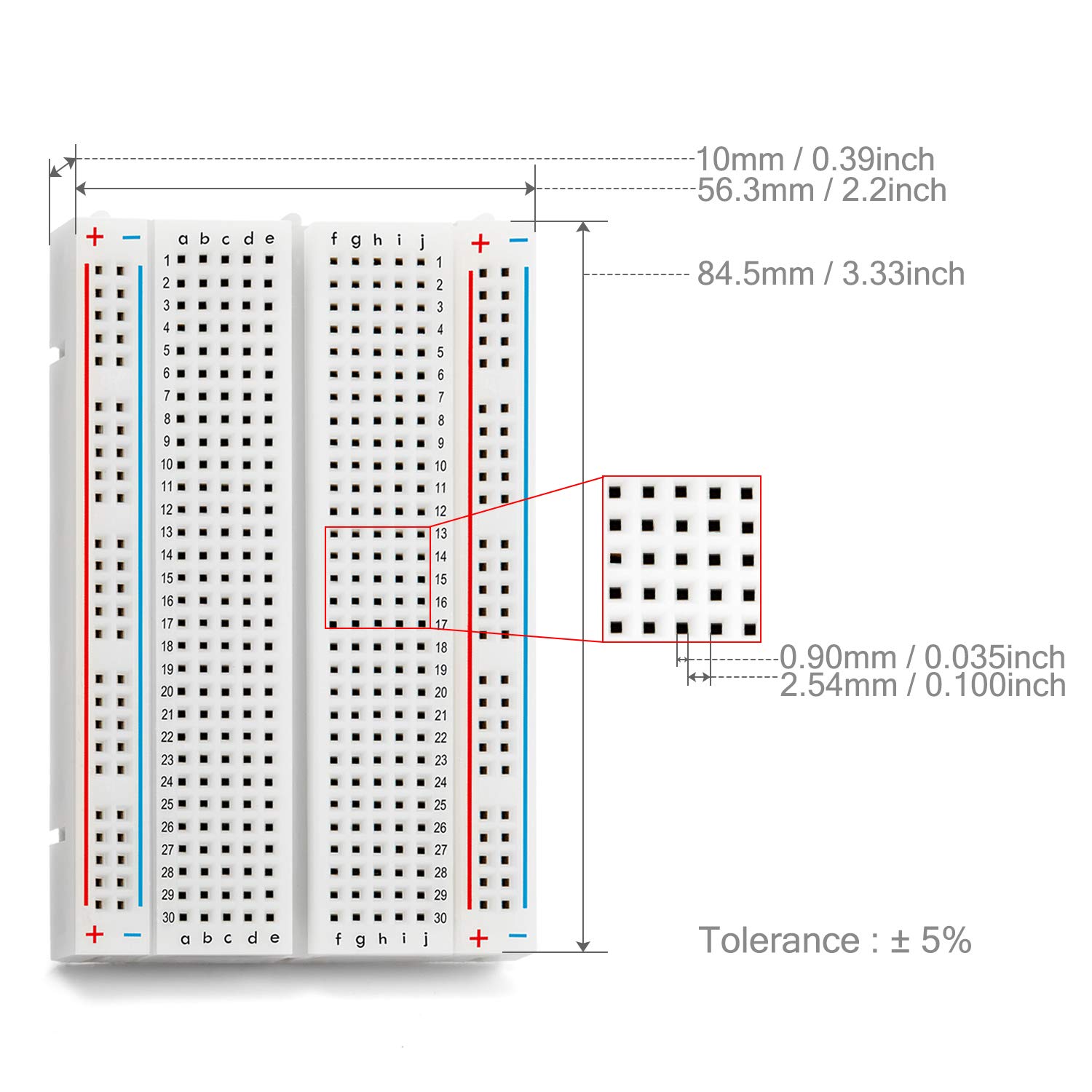 Diagram showing the dimensions of the 400 tie-point breadboard.