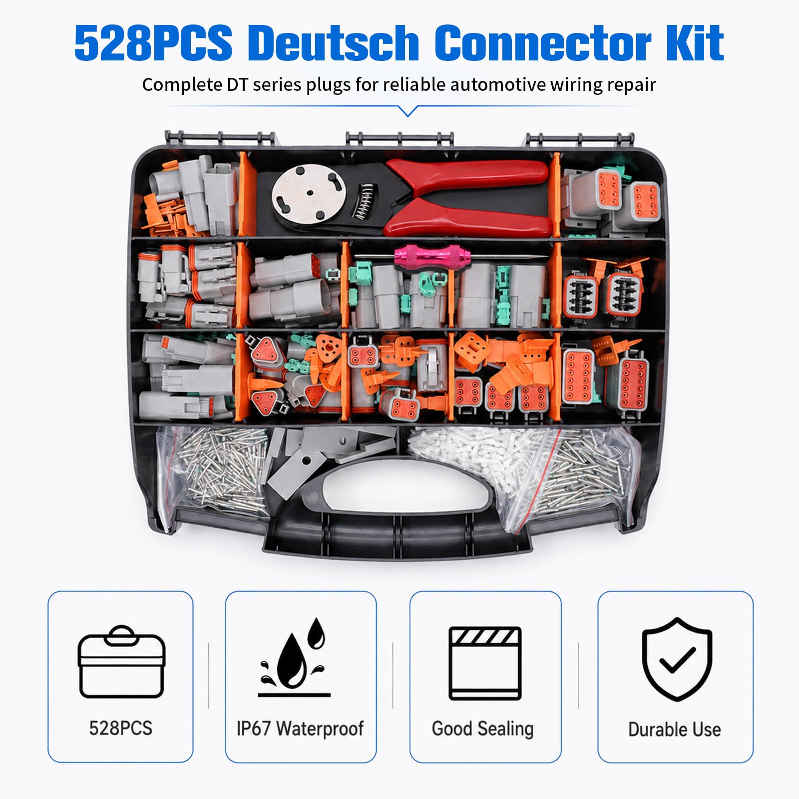 528-teiliges DT Steckverbinder-Set, IP67-Wasserdichtes Automotive-Elektrosteckverbinder inkl. 2/3/4/6/8/12-polig, Crimpzange, Entriegelungswerkzeug, Dichtungen, für Auto, Kfz, Lkw, Wohnmobile, Marine