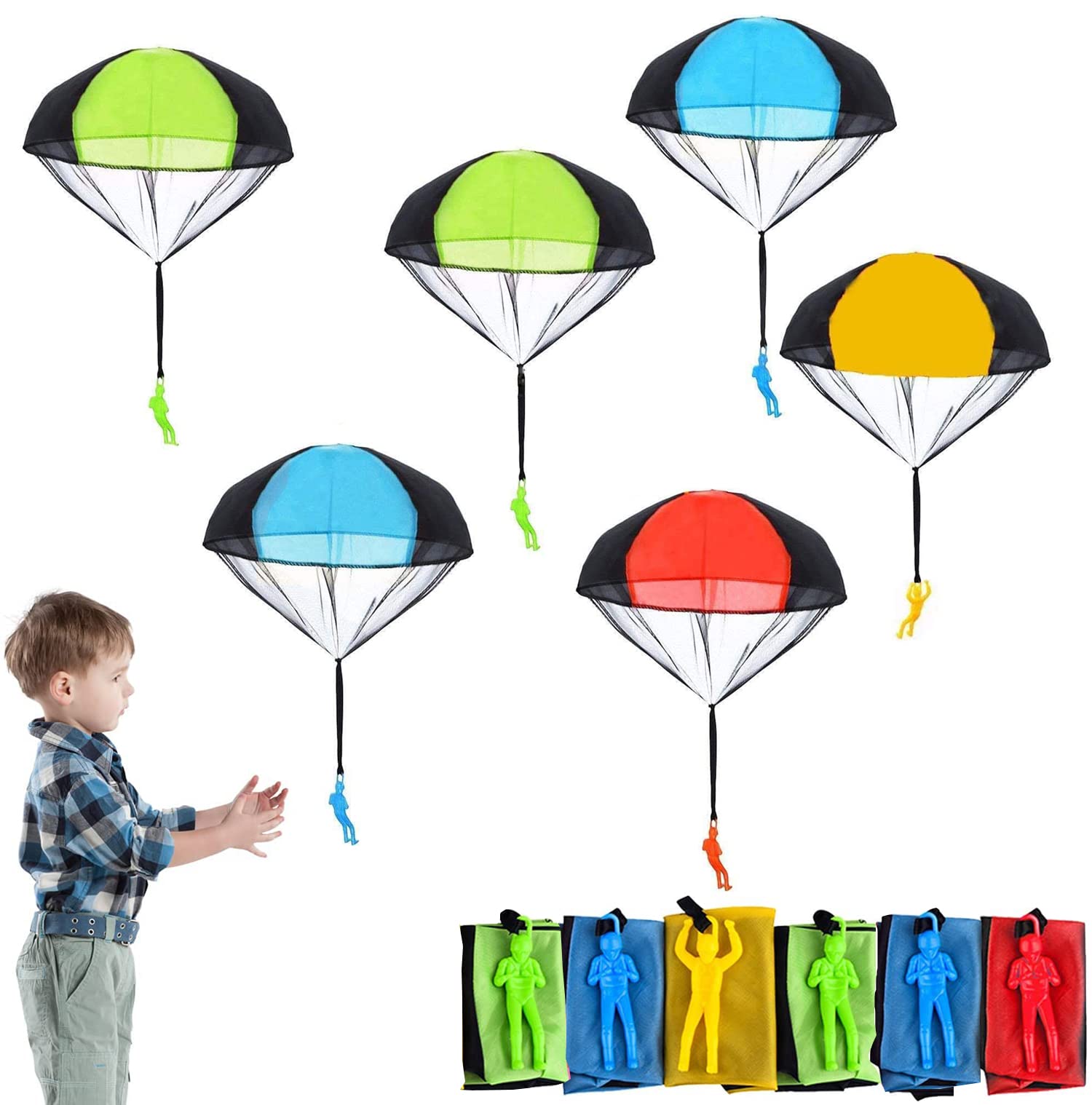 KASTWAVE Parachute Toy, 6 Pack, Kids Outside Toys, No Tangle, Hand Throw, Army Man, 43 cm/17 inches (diameter), 9.3*3.3 cm/3.7*1.3 inches (parachute men), Ages 3+