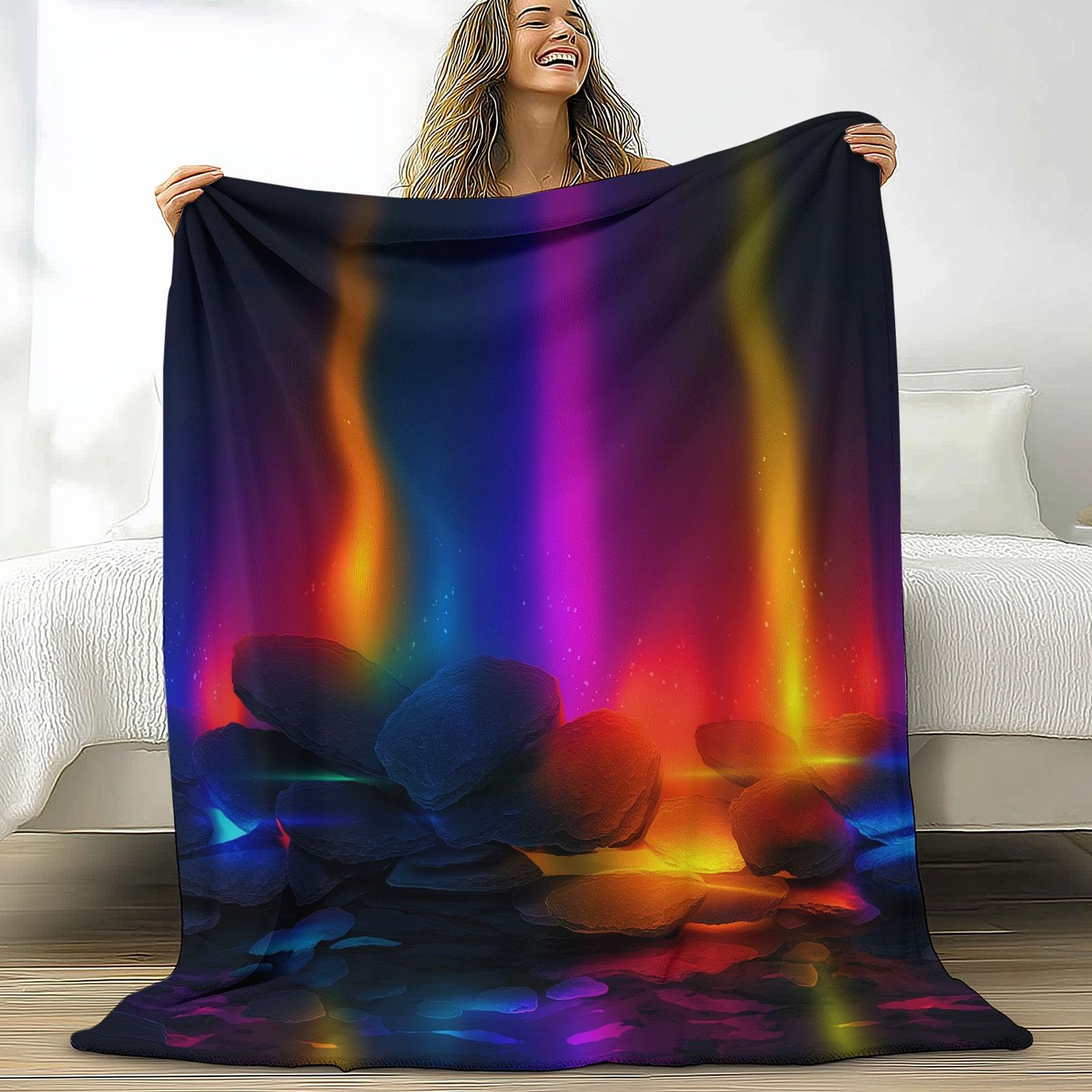 Coperta Plaid Pile in Flanella 180x220 cm Coperta Pile Piccola Luci Al Neon Pietre, Morbida Soffice Calda Coperte per Divano Singolo Matrimoniale Letto Colorato