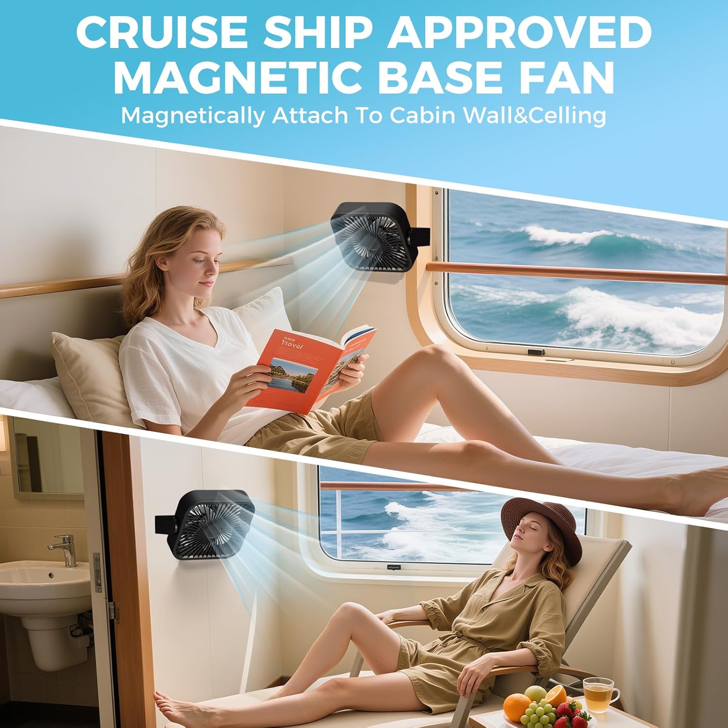 Magnetic Cruise Approved Fan, 5000mAh Ultra-Slim Travel Fan Rechargeable, 5 Speeds, 270° Adjustable Portable Fan, Magnetically Sticks on Ship Cabin Ceilings and Walls, Cruise Essentials 2026