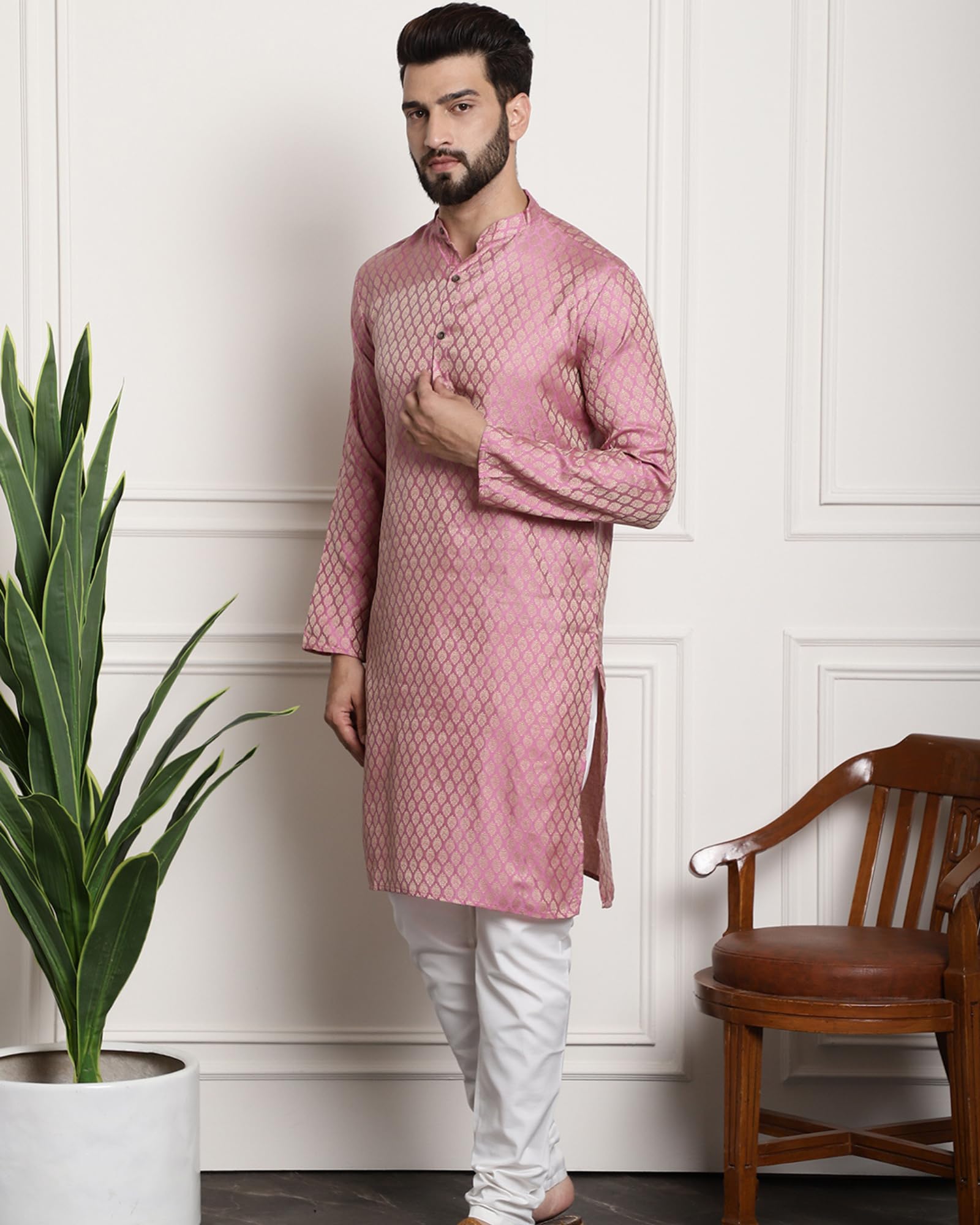 Sojanya (Since 1958 Men's Jacq Silk Pink Self Design Kurta & Off-White Churidar Pyjama Set