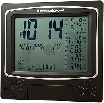 Digital Azan Clock with Automatic Prayer Time Adjustments Including DST and 5 Times Daily Athan Reminder with Alarm for Muslims | Wall & Table Clock 9x8 Desktop/Wall Black Azan Clock
