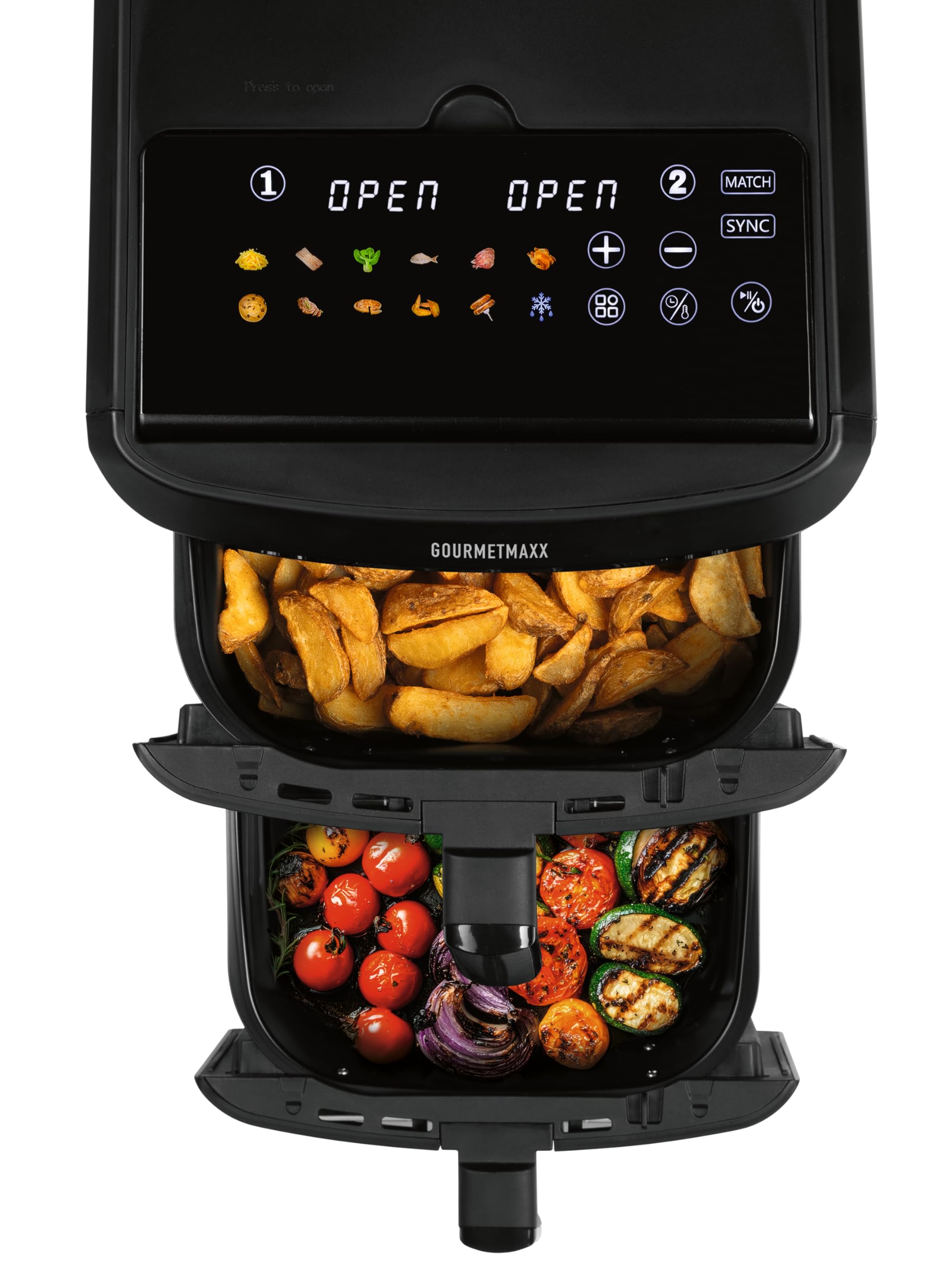 GOURMETmaxx FryUp XL - Friggitrice ad aria calda a doppia camera verticale con finestra – 12 l | Airfryer con display touch LED multicolore da 9,6 pollici e 12 programmi | Friggitrice ad aria calda a