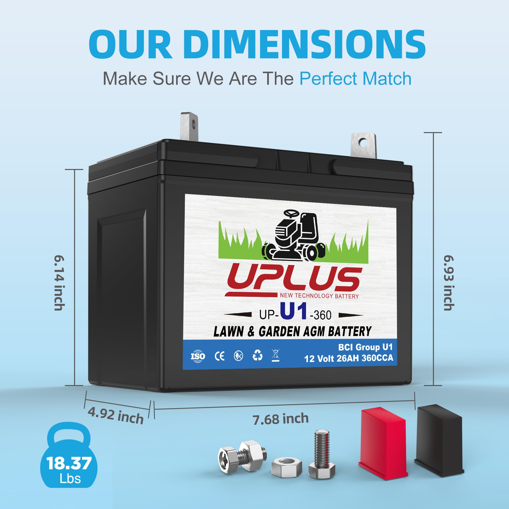 UPLUS U1 Batterie pour tondeuse à gazon autoportée EBU1-4-P 12 V 25 Ah Batterie AGM sans entretien pour John Deere, Cub Cadet, Husqvarna, Craftsman, Toro, Ariens et Troy-Bilt