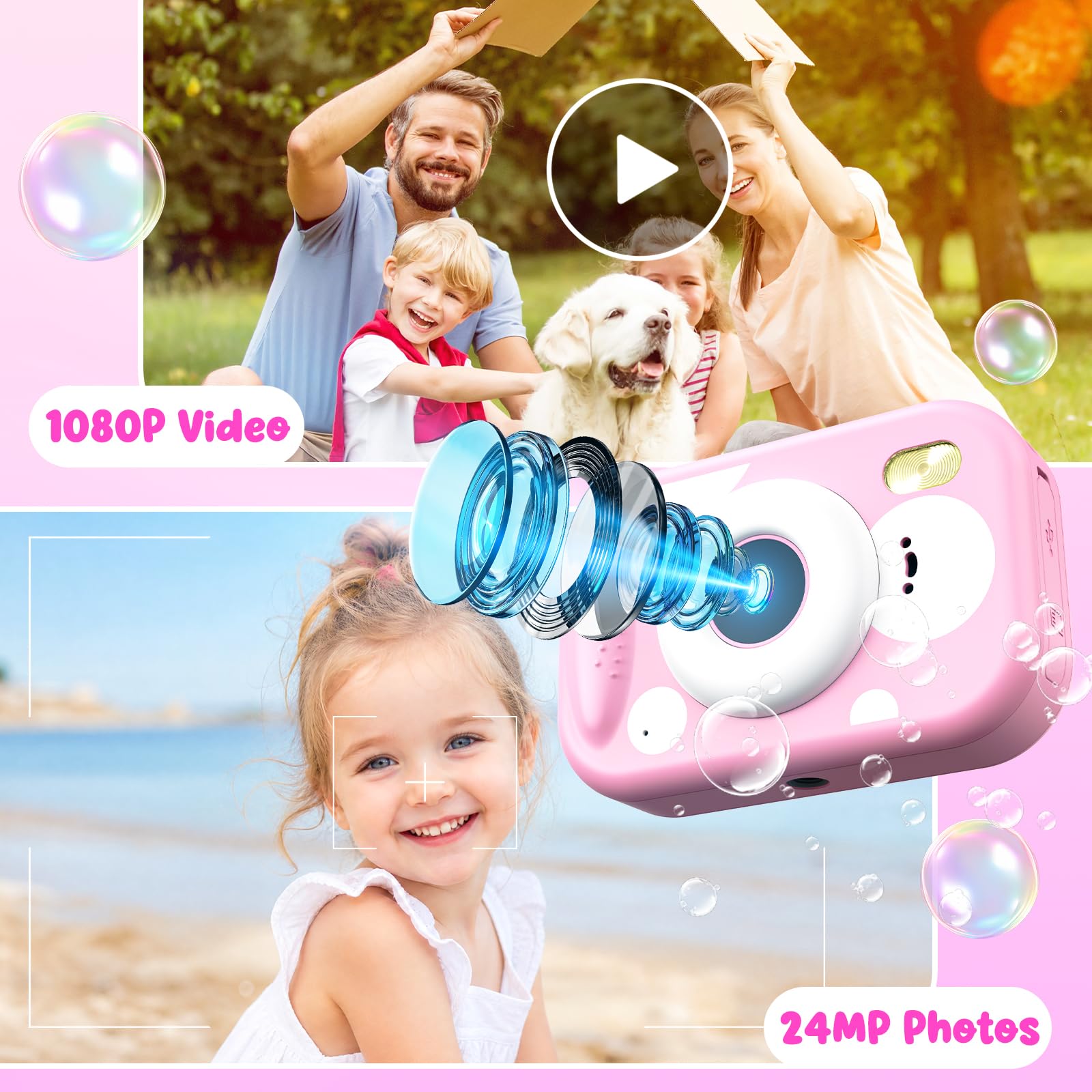 Fotocamera per Bambini, 48MP 1080P Macchina Fotografica Subacquea Impermeabile Digitale Bambini con 2,4 Pollici Schermo Scheda TF Flash LED, Regalo Giocattolo per Bambina e Bambino 3-12 Anni, Rosa