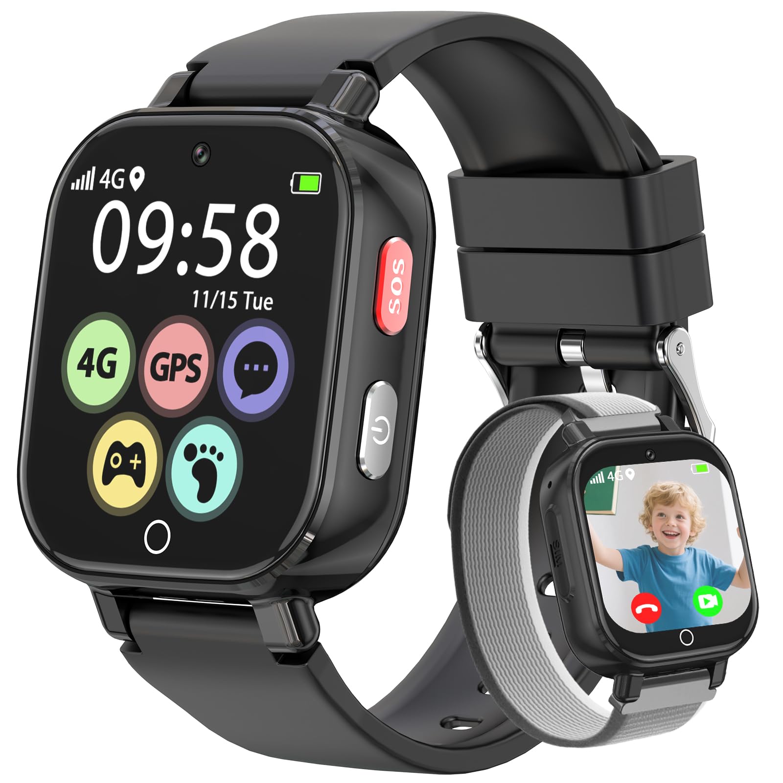 Alutoria Smartwatch Bambini-Orologio per Bambini con 4G GPS Telefono Videochiamata Chat Vocale Contapassi SOS Sveglia-Smart watch per Ragazzo e Ragazzi 4-12 Anni Regalo Nero