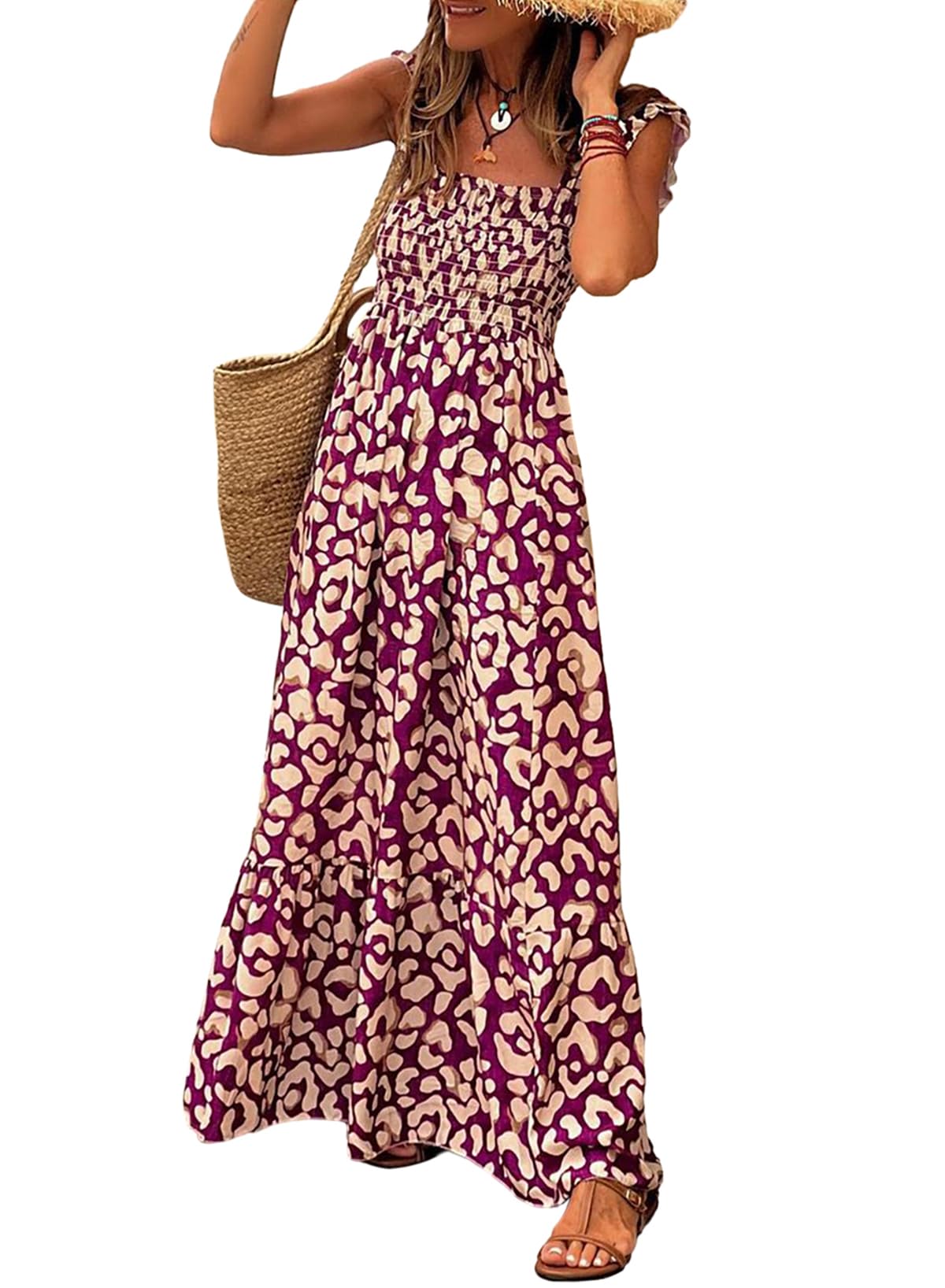 size S LOLONG Maxi Dress for Women Summer Boho Spaghetti Strap Square Neck Ruffle Beach Sun Dress