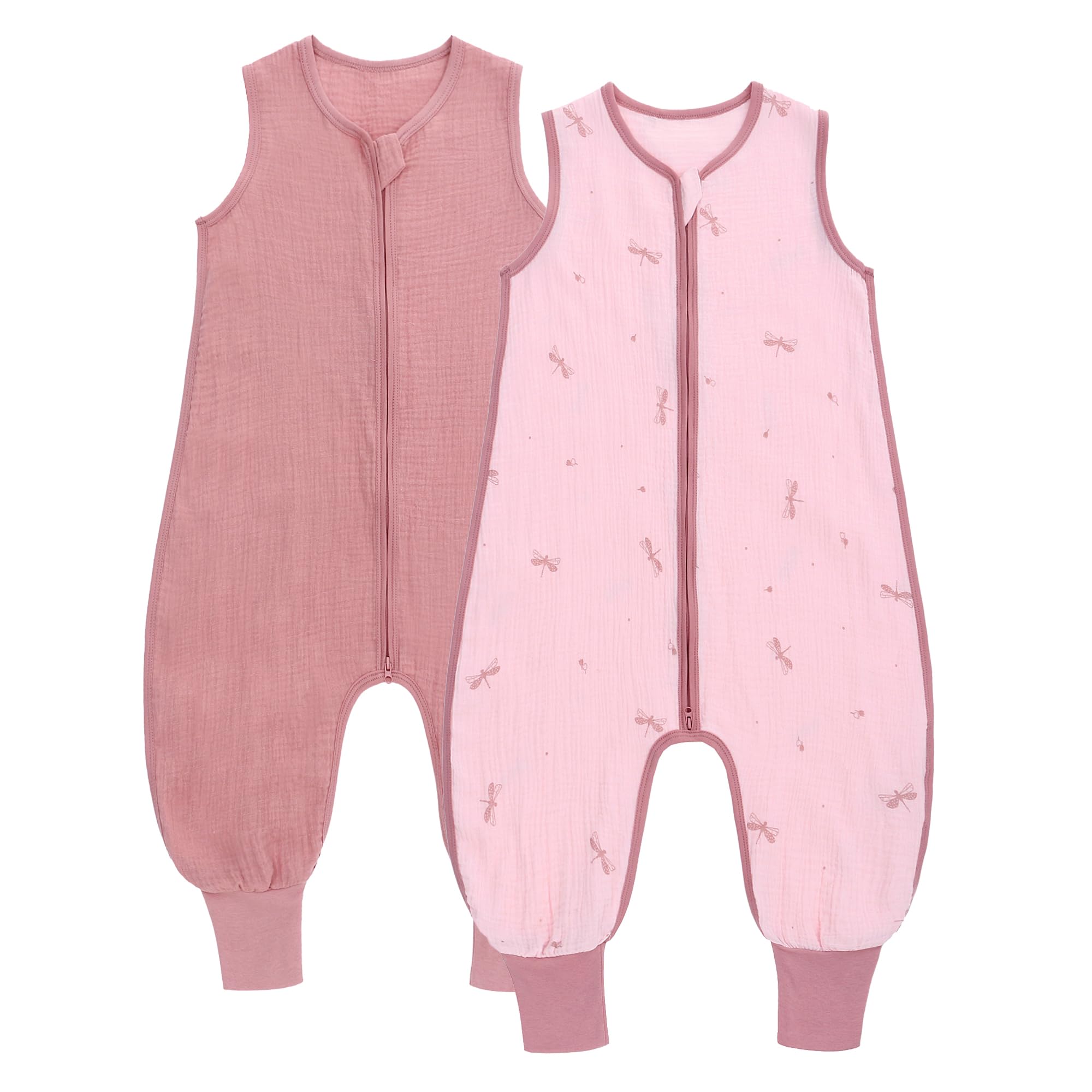 amo nenes 2er Pack Baby Schlafsack Sommer mit Füßen 0.5 Tog Sommerschlafsack 100% Baumwolle Musselin Atmungsaktiv für Jungen und Mädchen, Libelle, 3-12 M