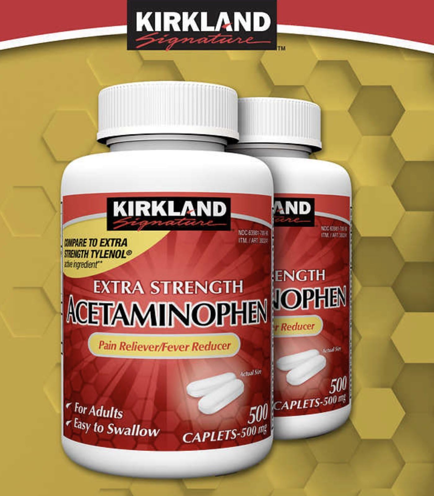 Kirkland Extra Strength Non-Aspirin Acetaminophen Caplets, 500 mg, 1000 Count