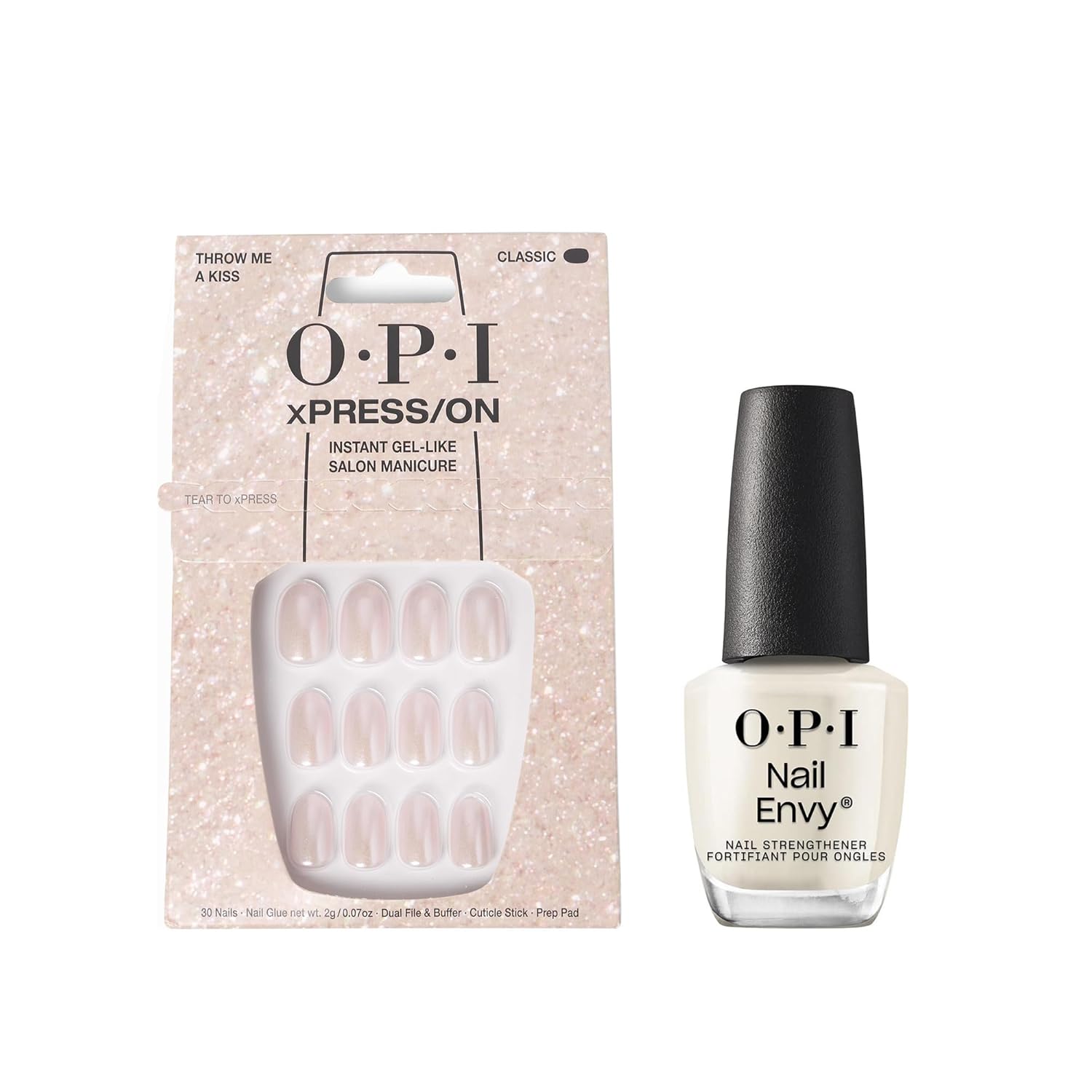 Bundle of OPI xPress/On Press On Nails, With Nail Glue, Short Pink Nails, Throw Me a Kiss + OPI Nail Envy, Nail Strengthening Treatment, Vegan Formula, 0.5 fl oz