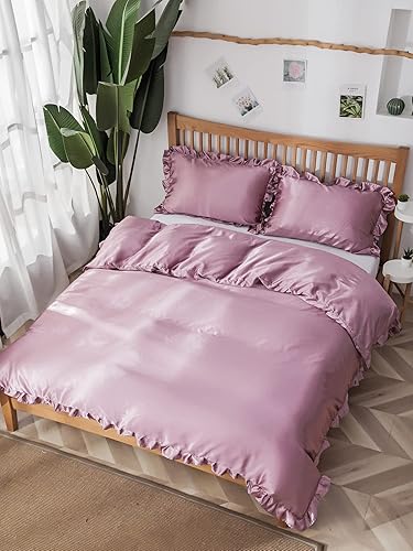 Miniatura 4 de Juego de funda de edredón sedosa de satén similar a la seda, color rosa rubor con estampado de satén con volantes rosados, 1 funda de edredón y 2