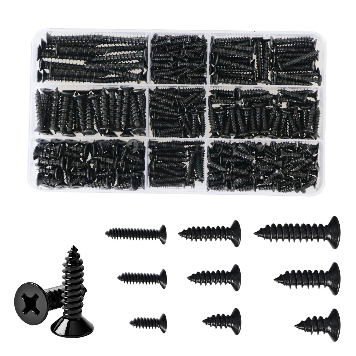 Rearjia 460pcs Flat Black Wood Screws, M3/M4/M5 Black Wood Screw Kit, Multi‑Use High Performance Wood Screws Assortment Kit for Soft Metals, Timber, Furniture, Plastics and Plasterboard