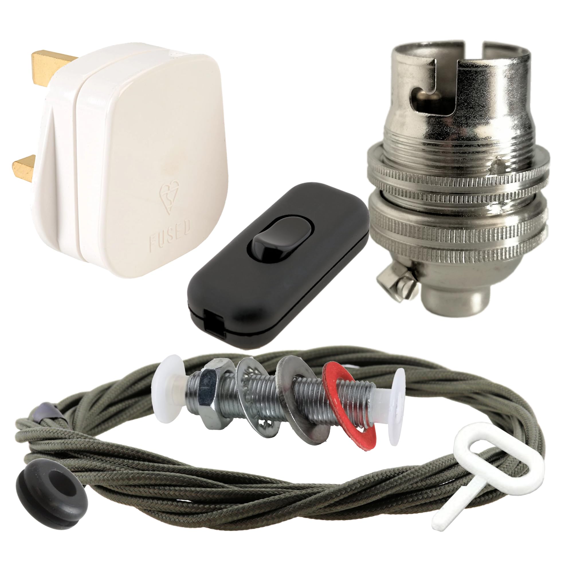 Art Deco Emporium Lamp Repair and Servicing Kit|White Plug|Khaki Green Flex|Black Switch|B22 Chrome Finish Lamp Holder