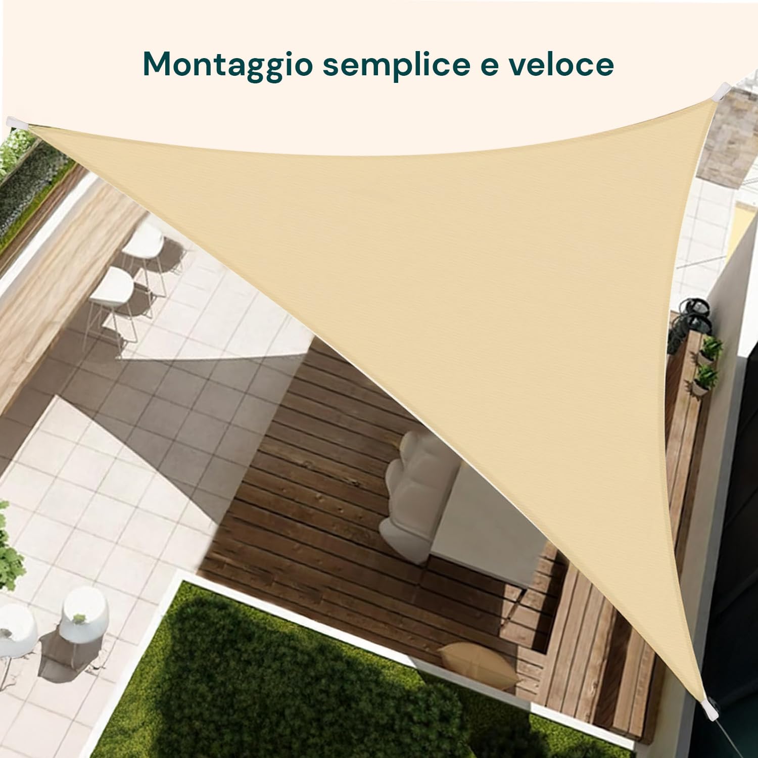 Tenda da Sole per Esterno Triangolare 5x5x5 m con Protezione UV e Pioggia - Telo Idrorepellente in Poliestere 210D - Facile da Montare