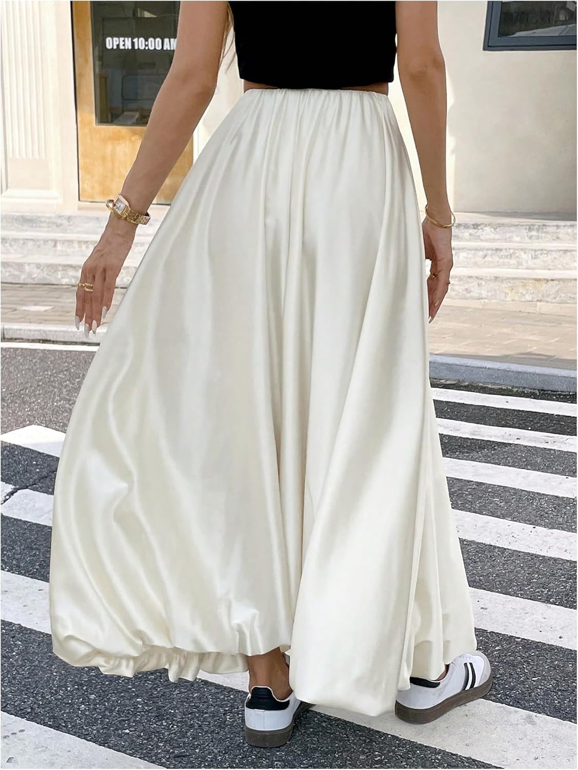 GORGLITTER Women's Bubble Satin Long Skirt Low Waist Ruffle Pleated A Line Puffy Party Balloon Skirts